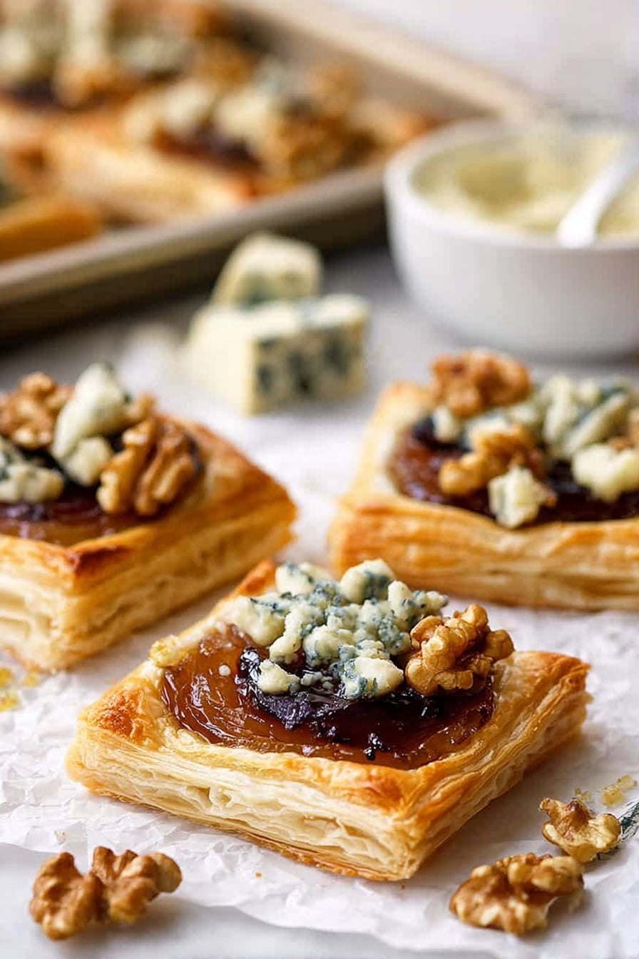 A close-up view of square puff pastry tartlets on a white marbled surface, each layered with a golden-brown flaky crust at the bottom, caramelized fruit in the middle with a shiny dark glaze, and topped with crumbled blue cheese and chopped walnuts scattered unevenly. In the background, more tartlets are placed on a baking tray lined with parchment. Surrounding the tartlets are chunks and small pieces of blue cheese, a white bowl filled with creamy white sauce, and a knife placed near the cheese. The image has a soft focus on the background, emphasizing the front tartlet’s texture and colors. Photo taken with an iphone --ar 2:3 --v 7 - Caramelized Pear and Blue Cheese Tart, pear and blue cheese tart, caramelized pear tart, blue cheese pastry tart, easy savory tart