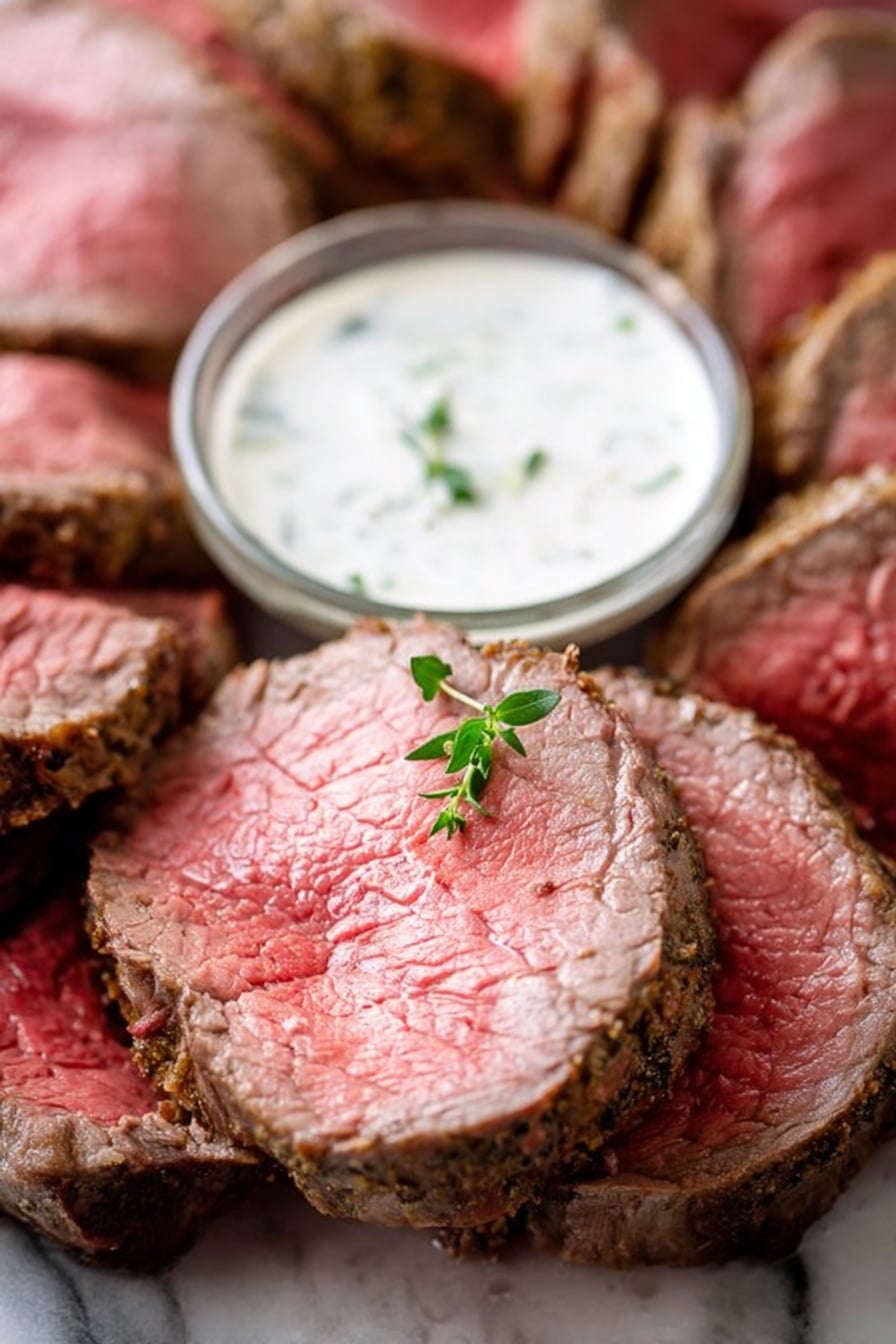 The image shows several thick slices of pink cooked beef arranged in a circular pattern around a small container filled with white, creamy sauce that has small green herb bits. The beef slices have a textured brown outer edge and are placed on a white marbled surface. A small green herb sprig garnishes one of the beef slices. The focus is on the tender inside of the beef, showing a juicy, even pink color. Photo taken with an iphone --ar 2:3 --v 7 - Horseradish Sauce for Prime Rib and Steak, horseradish sauce, prime rib sauce, steak condiments, easy beef sauce