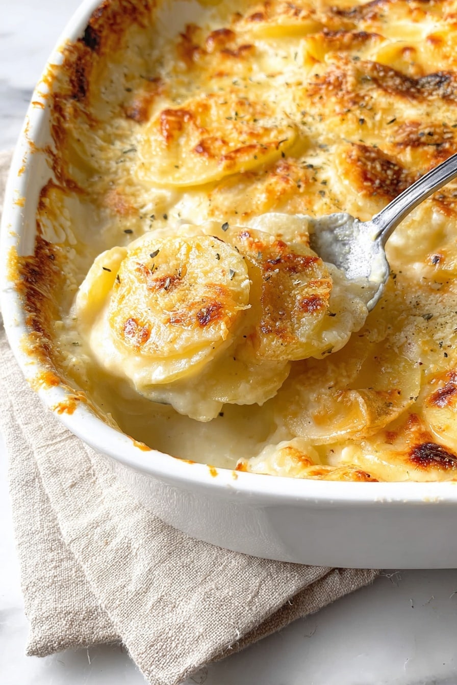 The image shows a close-up of a white baking dish filled with creamy potato gratin. The dish has multiple layers showing thin potato slices covered in a rich, creamy sauce with a golden brown melted cheese crust on top. The cheese is bubbly and slightly browned, with some finely grated cheese sprinkled over the surface. A spoon is lifting a portion of the gratin, revealing soft, tender potato slices beneath the cheesy layer. The dish rests on a beige cloth on a white marbled surface. photo taken with an iphone --ar 2:3 --v 7 - Cheesy Scalloped Potatoes, scalloped potatoes side dish, creamy potato casserole, cheesy potato recipe, holiday potato side dish