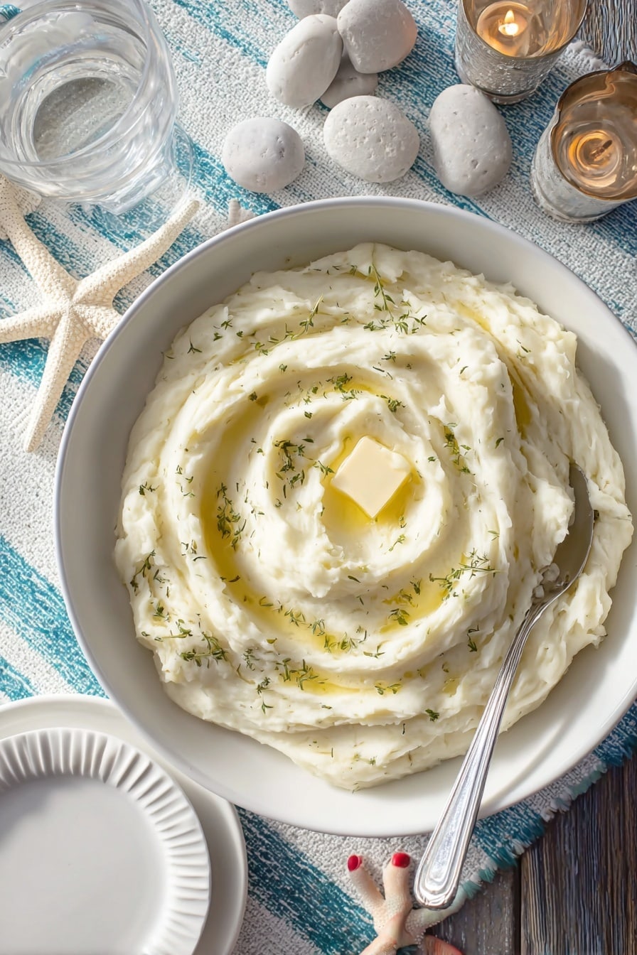 A large white bowl is filled with smooth, creamy mashed potatoes with visible swirls and soft peaks, topped with a small square of melted butter in the center and sprinkled with small green herb leaves. A silver spoon is partially submerged in the mash, with its handle resting on the edge of the bowl. The bowl sits on a dark wooden surface next to a white marbled textured tablecloth with blue stripes. Around it, there are white plates with ridged edges, a clear glass of water, and rustic decorative items including white starfish, smooth grey stones, and candles in small metallic holders. A woman's foot with red-painted toenails is visible below the table. Photo taken with an iphone --ar 2:3 --v 7 - Creamy Mashed Potatoes with Butter and Herbs, mashed potato side dish, easy mashed potatoes recipe, buttery herb mashed potatoes, comfort food side recipes