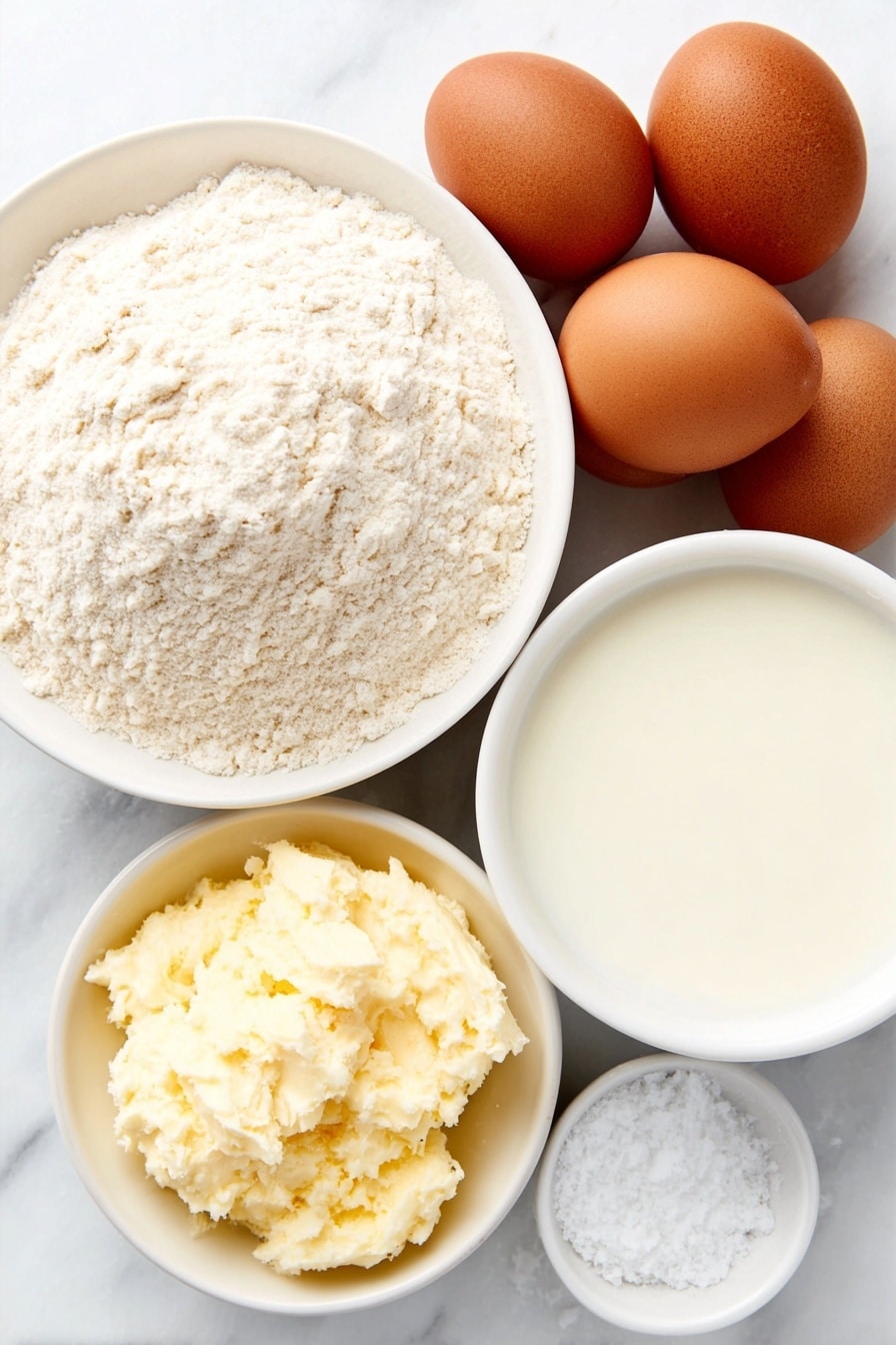 Flat lay of four large uncracked brown eggs, a small mound of fine all-purpose flour on a simple white ceramic plate, a small white bowl filled with whole milk, a few grains of coarse salt scattered beside a small white ceramic bowl with golden beef tallow, all arranged symmetrically and balanced, placed on a clean white marble surface, soft natural light, photo taken with an iPhone, professional food photography style, fresh ingredients, white ceramic bowls, no bottles, no duplicates, no utensils, no packaging --ar 2:3 --v 7 --p m7354615311229779997 - Crispy Yorkshire Pudding, Yorkshire Pudding recipe, British side dish, crispy roast side, homemade Yorkshire pudding