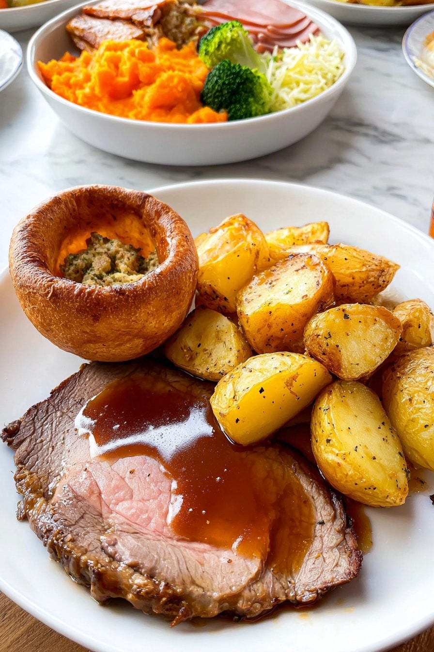 A white plate holds a meal with four main parts: at the bottom right is one large slice of roast beef covered in smooth brown gravy with a shiny surface, showing a tender texture with darker edges. Above the beef are five golden brown roasted potatoes, crispy on the outside with some black pepper. On the left side of the plate is a round Yorkshire pudding with a slightly puffy, light brown crust, inside which sits a textured stuffing ball made of mixed herbs and bits of meat. The plate sits on a white marbled surface. In the background, there is a white bowl filled with bright orange mashed carrots or squash, light green broccoli florets, roasted potatoes, shredded pink ham, and white coleslaw, all on a white marbled surface. photo taken with an iphone --ar 2:3 --v 7 - Crispy Yorkshire Pudding, Yorkshire Pudding recipe, British side dish, crispy roast side, homemade Yorkshire pudding