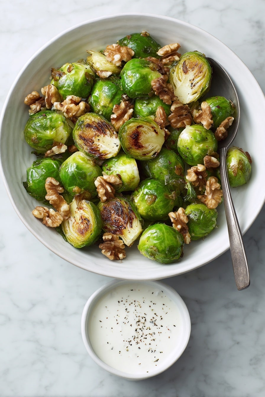 A white dish filled with roasted green Brussels sprouts that have browned, crispy edges. On top, there are many light brown walnut pieces scattered evenly, adding texture and color contrast. To the side, on the white marbled surface, there is a small white bowl containing white creamy sauce with black pepper sprinkled on top. A silver spoon rests in the dish among the Brussels sprouts, slightly visible. The photo taken with an iphone --ar 2:3 --v 7 - Roasted Brussels Sprouts with Walnuts and Pomegranate, Brussels Sprouts with Walnuts and Pomegranate, Pomegranate Brussels Sprouts Side Dish, Walnut and Pomegranate Brussels Sprouts, Healthy Brussels Sprouts with Pomegranate