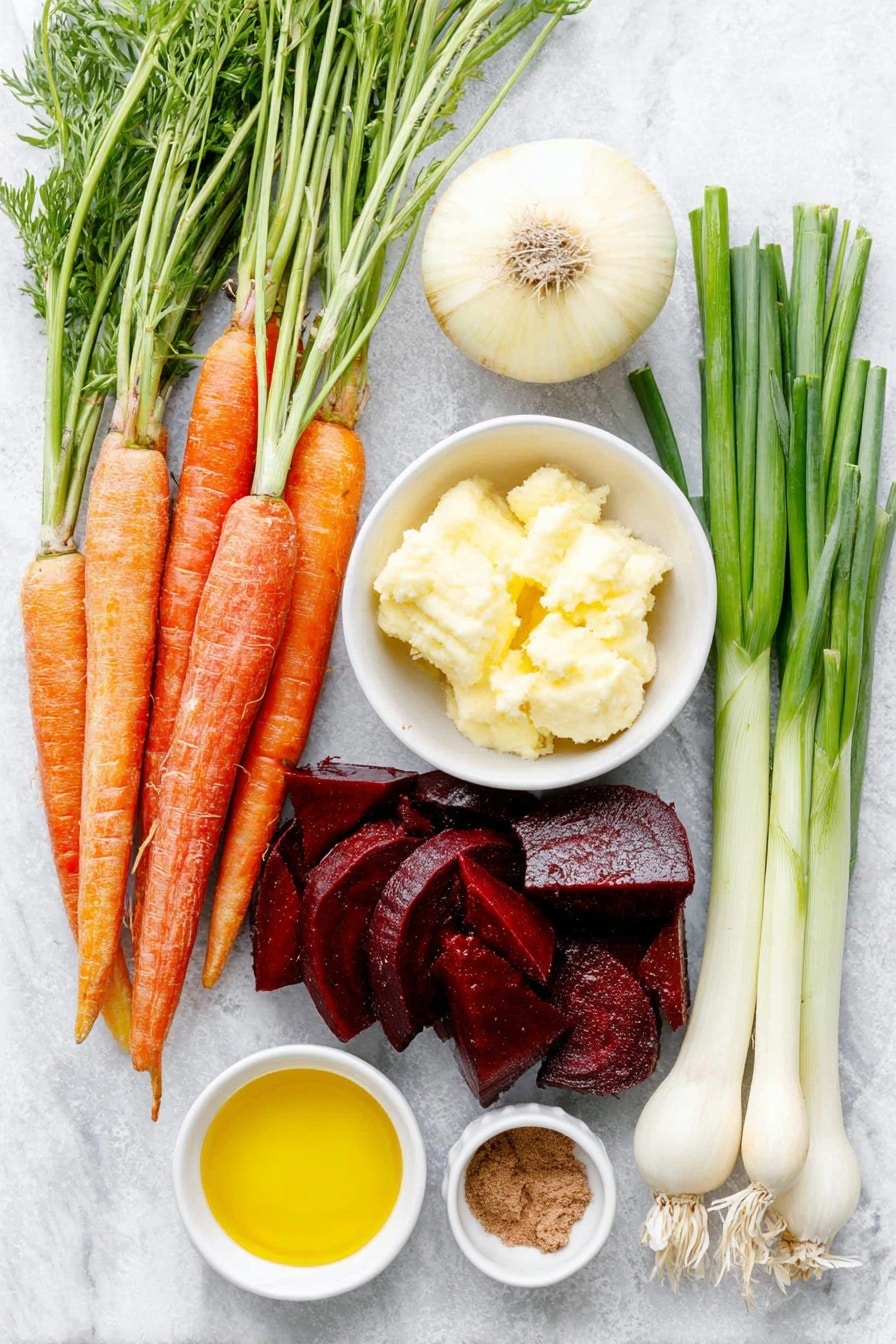 Flat lay of fresh whole carrots with leafy green tops, medium deep red beets cut into wedges showing vibrant purple-red flesh, a large red onion quartered revealing its crisp layers, two cloves of fresh garlic with papery skins intact, a small white ceramic bowl of golden olive oil, a small white bowl of creamy pale yellow butter chunks, a small white bowl containing smooth brown miso paste, a small white bowl with clear amber mirin, a small white bowl holding amber maple syrup, a small white bowl with fine ground cinnamon powder, a few green scallion stalks with white bulbs and long green tops sliced in half lengthwise, all arranged in perfect symmetry on a clean white marble surface, soft natural light, photo taken with an iPhone, professional food photography style, fresh ingredients, white ceramic bowls, no bottles, no duplicates, no utensils, no packaging --ar 2:3 --v 7 --p m7354615311229779997 - Miso Glazed Roasted Root Vegetables, roasted root vegetables, miso vegetable side dish, healthy roasted vegetable recipes, glowing winter vegetables