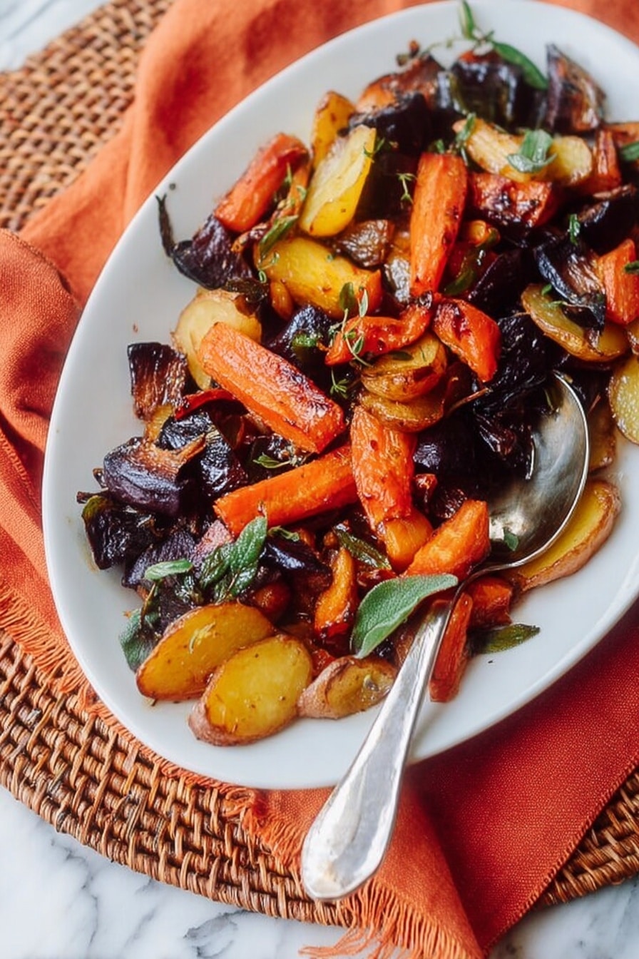 The image shows a white plate filled with roasted vegetable pieces layered in a natural, uneven mix. The bottom layer has dark purple and blackish irregular chunks that look soft with charred edges, placed mostly to the upper left and center. On top and scattered throughout are bright orange carrot pieces, slightly shiny and roasted with some green leafy herbs. There are also golden brown potato slices with crisp edges mixed in, primarily on the lower side of the plate. A silver spoon lies on the right side of the plate, resting partly on the vegetables. The plate sits on a woven mat with an orange cloth partially under it, all placed on a white marbled surface. photo taken with an iphone --ar 2:3 --v 7 - Miso Glazed Roasted Root Vegetables, roasted root vegetables, miso vegetable side dish, healthy roasted vegetable recipes, glowing winter vegetables