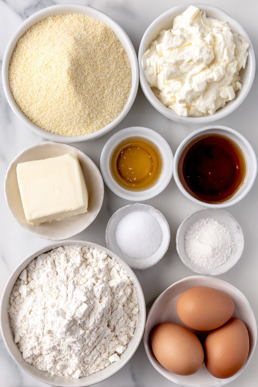 Flat lay of yellow cornmeal in a small mound, a small heap of white all-purpose flour, granulated sugar crystals scattered neatly, a few teaspoons of baking powder powder, a small pile of fine salt, a pat of softened pale yellow butter, a small white bowl of golden honey, a small white bowl with clear light oil, a small white bowl of creamy whole milk, two whole large brown eggs with clean shells placed side by side, arranged symmetrically on simple white ceramic plates and bowls, all placed on a clean white marble surface, soft natural light, photo taken with an iPhone, professional food photography style, fresh ingredients, white ceramic bowls, no bottles, no duplicates, no utensils, no packaging --ar 2:3 --v 7 --p m7354615311229779997 - Moist Cornbread with Honey and Butter, moist cornbread recipe, sweet cornbread, buttery cornbread, Southern style cornbread
