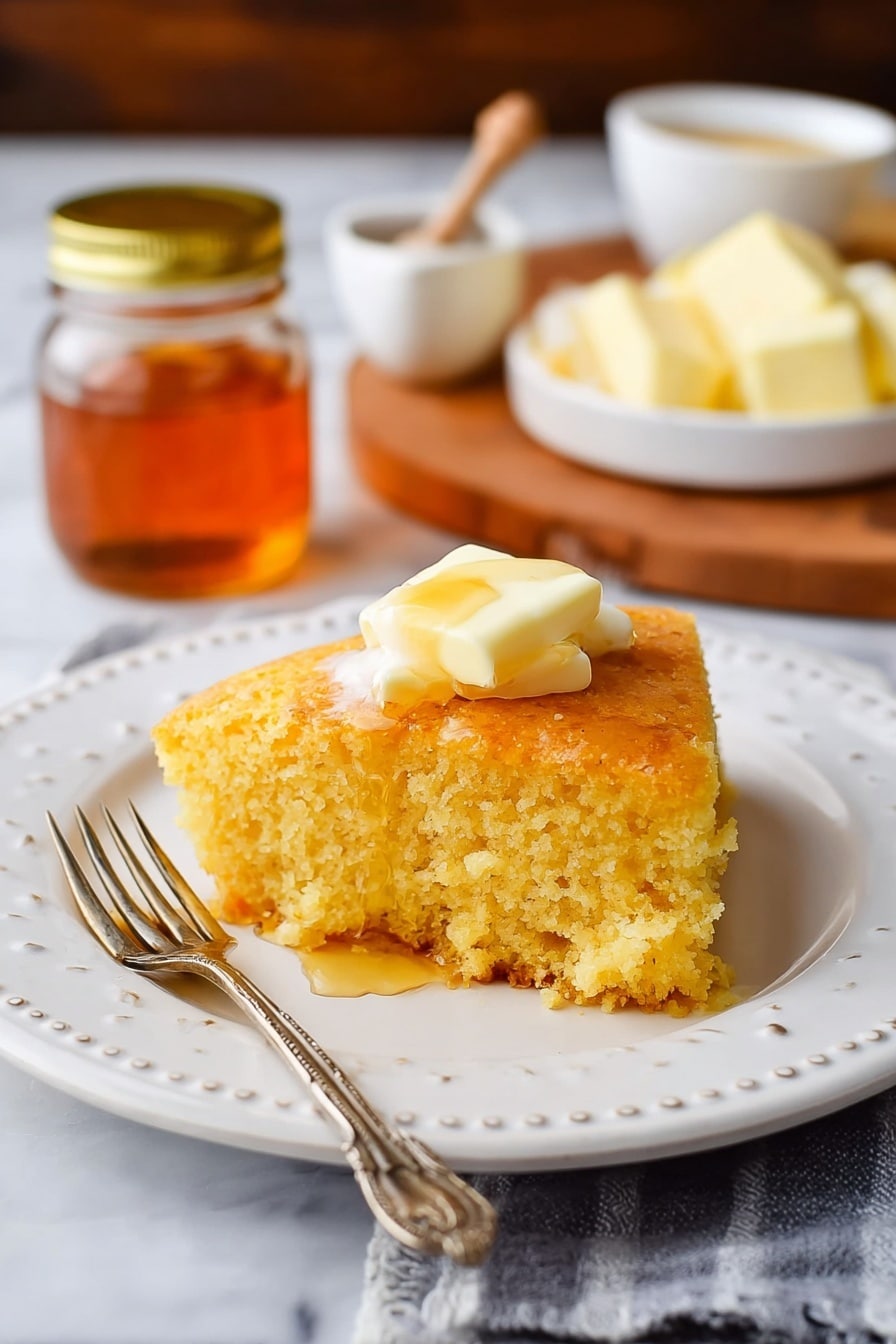 A single piece of golden cornbread sits on a white plate with small raised dots around the edge, showing a soft, crumbly texture with a slightly browned bottom layer. On top of the cornbread, there is a dollop of pale yellow butter beginning to melt, shining slightly. A silver fork with a detailed handle lies on the left side of the plate. In the background, there is a small glass jar filled with amber honey with a gold lid, a small white bowl of honey, and a wooden board with a block of light yellow butter cut into smaller pieces, all set on a white marbled surface. Photo taken with an iphone --ar 2:3 --v 7 - Moist Cornbread with Honey and Butter, moist cornbread recipe, sweet cornbread, buttery cornbread, Southern style cornbread