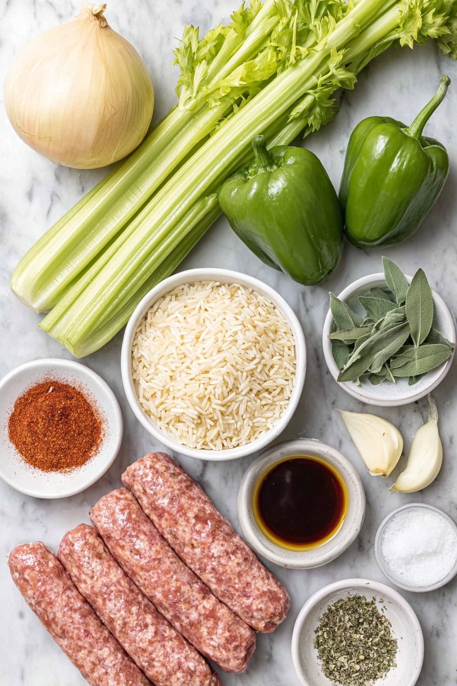 Flat lay of raw basmati rice in a small white bowl, three fresh green bell peppers whole and vibrant, three stalks of celery with fresh leaves, one large unpeeled onion with smooth skin, three peeled garlic cloves, a small white bowl filled with chopped fresh sage, chunks of uncooked vegan sausage with a meaty texture, a small white bowl of deep red smoked paprika powder, a small white bowl with dark amber liquid aminos, a small white bowl of reddish-brown Cajun seasoning, a small white bowl of extra virgin olive oil, a small white bowl filled with coarse salt, and a small cluster of bright green chopped parsley placed on a clean white marble surface, soft natural light, photo taken with an iPhone, professional food photography style, fresh ingredients, white ceramic bowls, no bottles, no duplicates, no utensils, no packaging --ar 2:3 --v 7 --p m7354615311229779997 - Vegan Dirty Rice, Vegan Cajun Rice, Plant-Based Dirty Rice, Vegan Cajun Dinner, Meatless Cajun Rice