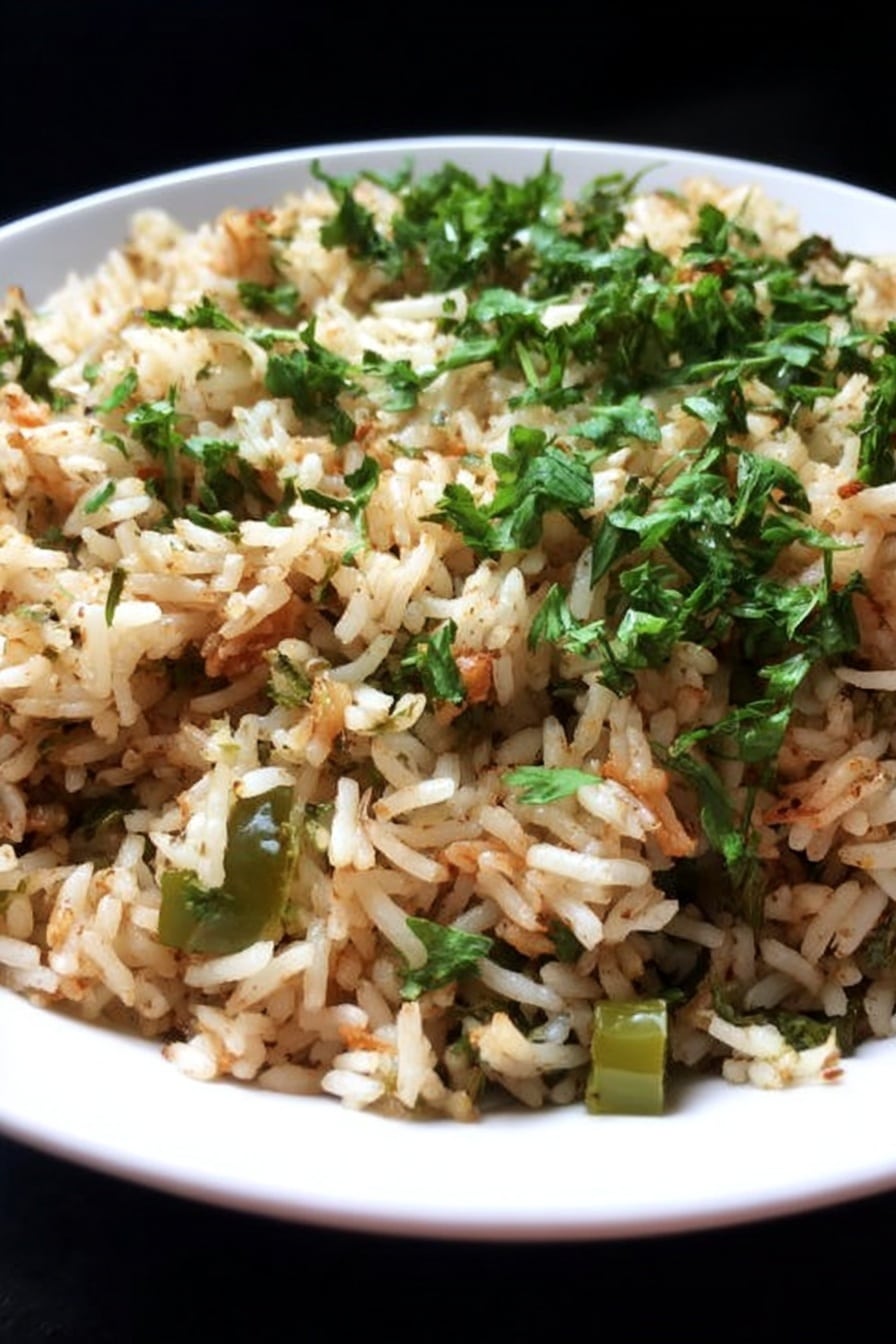 A close-up of a white plate filled with cooked rice mixed with small pieces of green leafy herbs and green vegetable chunks, showing a soft texture and slightly brown color from spices. The rice looks fluffy and mixed evenly with the green herbs on top, giving a fresh look. The background is dark, making the plate and food colors stand out. Photo taken with an iphone --ar 2:3 --v 7 - Vegan Dirty Rice, Vegan Cajun Rice, Plant-Based Dirty Rice, Vegan Cajun Dinner, Meatless Cajun Rice