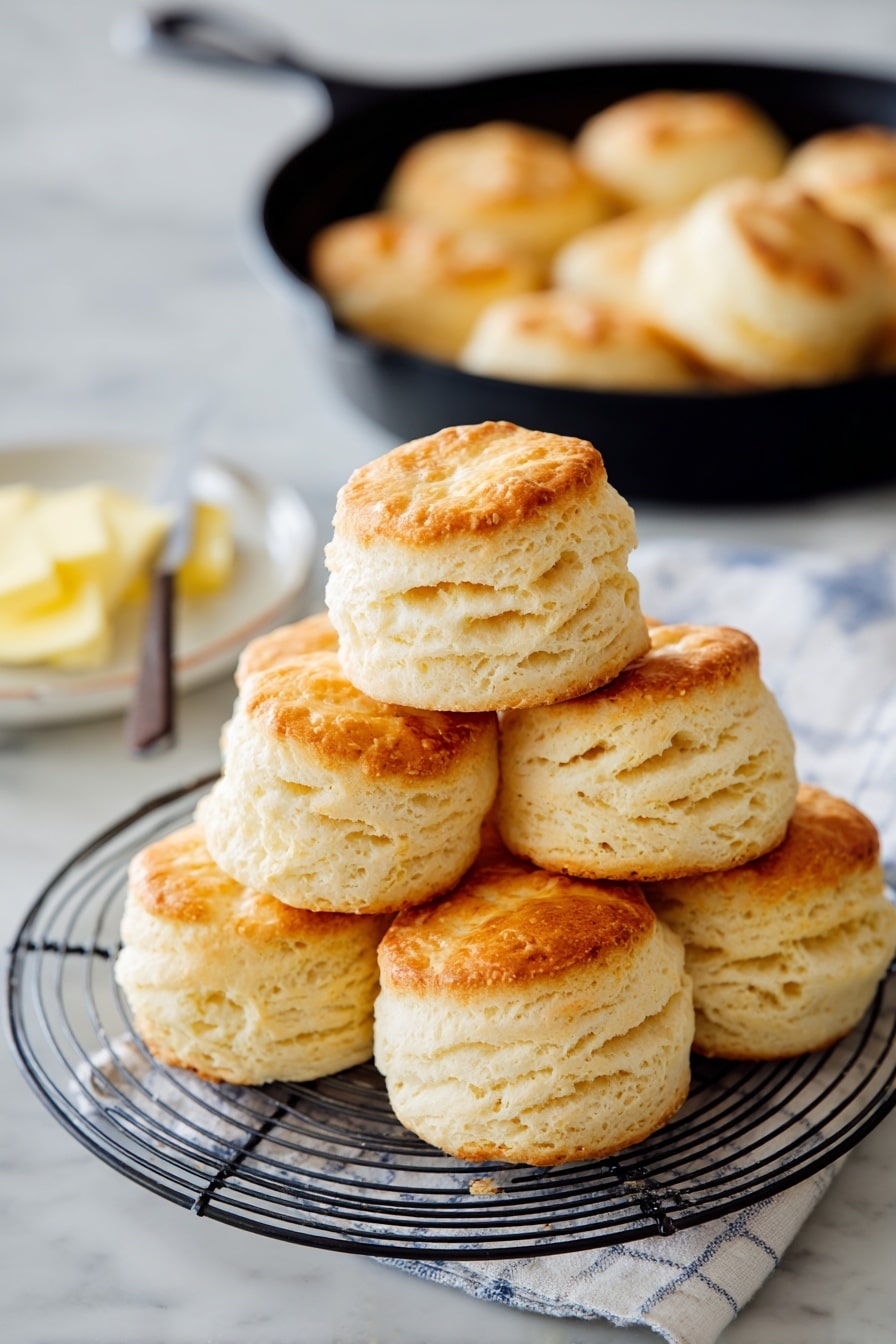 The image shows a stack of nine golden-brown biscuits arranged in two layers on a round metal cooling rack. The biscuits are fluffy with a soft texture and light brown tops, and their sides reveal a tender, crumbly interior. The cooling rack sits on a white marbled surface. In the background, there is a black cast-iron skillet with more biscuits inside, softly out of focus. To the left, a white dish with pale yellow butter and a butter knife rests beside a folded white and blue checkered cloth. photo taken with an iphone --ar 2:3 --v 7 - Fluffy Angel Biscuits with Buttermilk and Yeast, flaky homemade biscuits, how to make airy buttermilk biscuits, tender yeast biscuits recipe, light and fluffy biscuit ideas