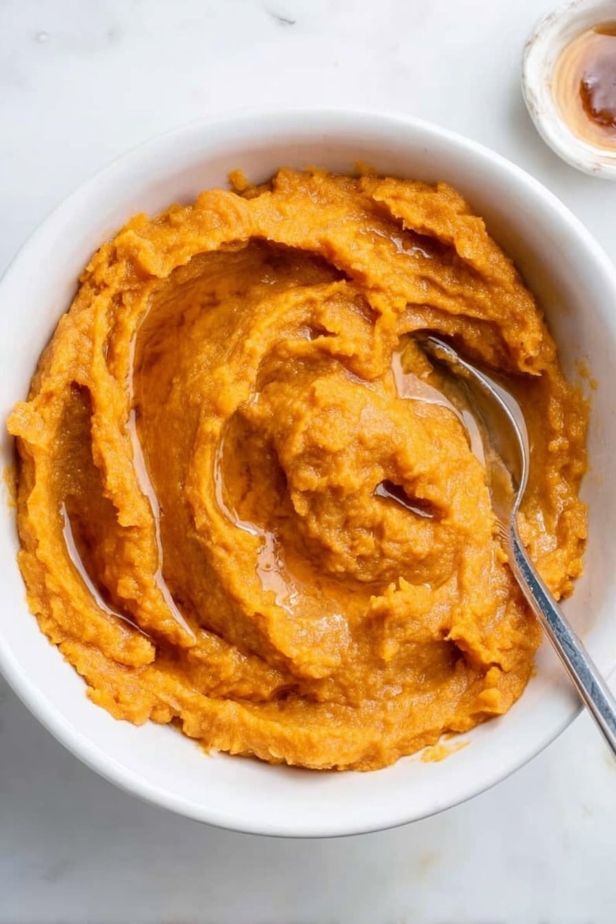 A white bowl filled with smooth sweet potato mash that has a rich orange color and a creamy texture with soft swirls on top. The surface of the mash is glossy, showing a drip of honey or syrup in a few places. A silver spoon is resting inside the bowl on the right side, partially dipped into the mash. The background is a white marbled surface, adding a clean and simple look to the scene. Photo taken with an iphone --ar 2:3 --v 7 - Brown Butter Sweet Potato Mash, sweet potato mash ideas, cozy side dishes, fall comfort foods, easy sweet potato recipes