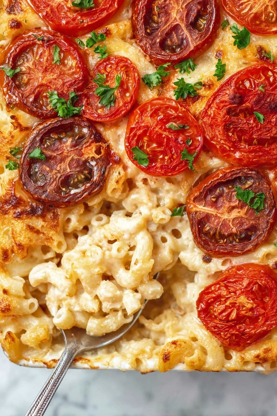 The image shows a baked pasta dish with three main layers. The bottom layer is creamy, whitish macaroni pasta that looks soft and cheesy. On top of that, there is a layer of melted cheese that is bubbly and golden in some spots. The top layer is decorated with thick slices of both red and purple baked tomatoes, which have a slightly wrinkled texture. Small green parsley leaves are scattered on the tomato layer for a fresh look. The dish is placed on a white marbled surface, and a silver spoon holds a scoop of the pasta mix. photo taken with an iphone --ar 2:3 --v 7 - Baked Tomato Mac and Cheese, baked tomato mac and cheese recipe, cheesy tomato mac and cheese, baked pasta with tomatoes, comfort food recipes