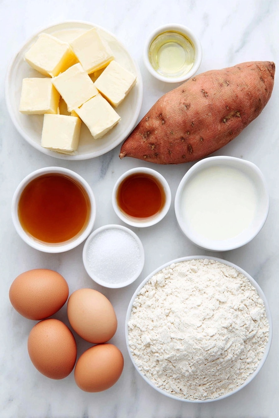 Flat lay of a peeled large sweet potato cut into chunks, a small white ceramic bowl with whole milk, a small white ceramic bowl with warm water, a small white ceramic bowl of granulated sugar, two large whole uncracked eggs with clean shells, a small white ceramic bowl with melted butter, a mound of bread flour on the surface, a small white ceramic bowl of kosher salt, a small white ceramic bowl with cane syrup, and a small white ceramic bowl of flaky sea salt, all arranged with perfect symmetry on a clean white marble surface, soft natural light, photo taken with an iPhone, professional food photography style, fresh ingredients, white ceramic bowls, no bottles, no duplicates, no utensils, no packaging --ar 2:3 --v 7 --p m7354615311229779997 - Sweet Potato Dinner Rolls, sweet potato rolls recipe, fluffy dinner rolls with sweet potatoes, homemade sweet potato rolls, soft bread rolls with sweet potatoes