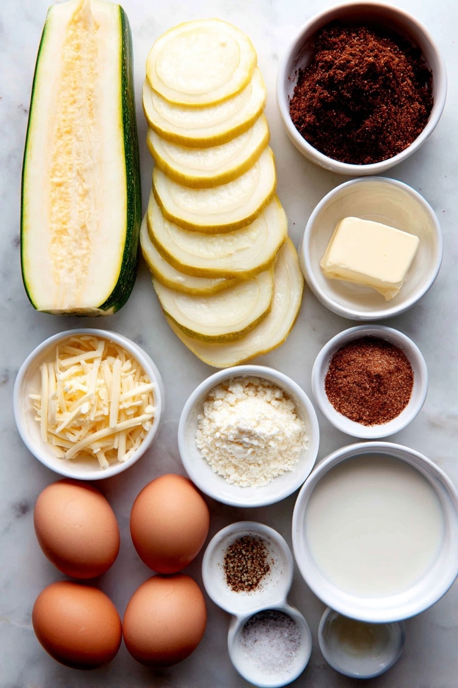 Flat lay of fresh yellow squash sliced into rounds, a medium chopped onion, two large whole brown eggs with clean shells, a small pile of grated sharp cheddar cheese, a small white ceramic bowl of milk, two small white ceramic bowls each with a pat of golden melted butter, a small white ceramic bowl of crushed Ritz crackers, a small white ceramic bowl of kosher salt, a small white ceramic bowl of ground black pepper, and a small white ceramic bowl of cayenne pepper powder, all arranged symmetrically and balanced on a clean white marble surface, soft natural light, photo taken with an iPhone, professional food photography style, fresh ingredients, white ceramic bowls, no bottles, no duplicates, no utensils, no packaging --ar 2:3 --v 7 --p m7354615311229779997 - Cheesy Yellow Squash Casserole, cheesy squash casserole, yellow squash side dish, cheesy vegetable casserole, easy squash casserole
