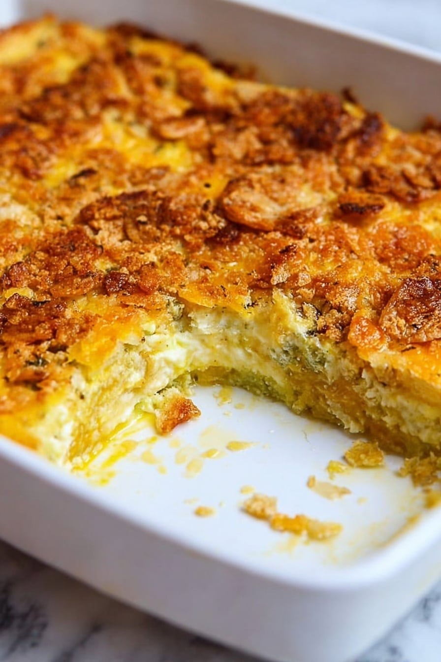 A white dish filled with a baked casserole that has three visible layers: the bottom layer is creamy and light yellow, the middle layer has a soft greenish texture, and the top layer is a thick, golden-brown crispy crust with small crunchy pieces. A section of the casserole is missing, showing the inside layers clearly. The dish sits on a white marbled surface. photo taken with an iphone --ar 2:3 --v 7 - Cheesy Yellow Squash Casserole, cheesy squash casserole, yellow squash side dish, cheesy vegetable casserole, easy squash casserole