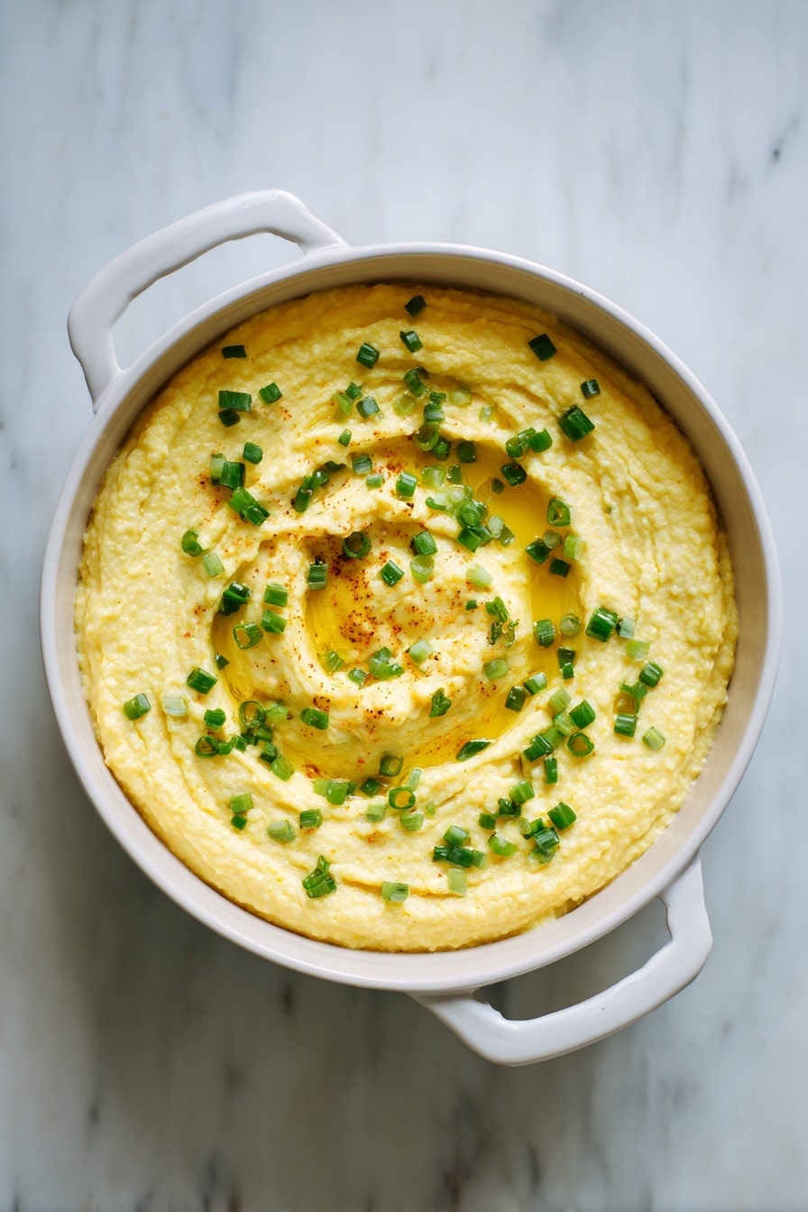 The image shows a round white pot filled with creamy yellow hummus that has a textured, slightly chunky surface. The hummus is swirled in the middle to create a small well that holds some light golden oil. Scattered evenly on top are small, bright green chopped scallion pieces, adding a fresh contrast to the creamy base. The pot handles are visible on each side, sitting on a white marbled background. photo taken with an iphone --ar 2:3 --v 7 - Creamed Corn Grits, creamed corn and grits, creamy corn side dish, southern grits recipes, comforting corn side dish