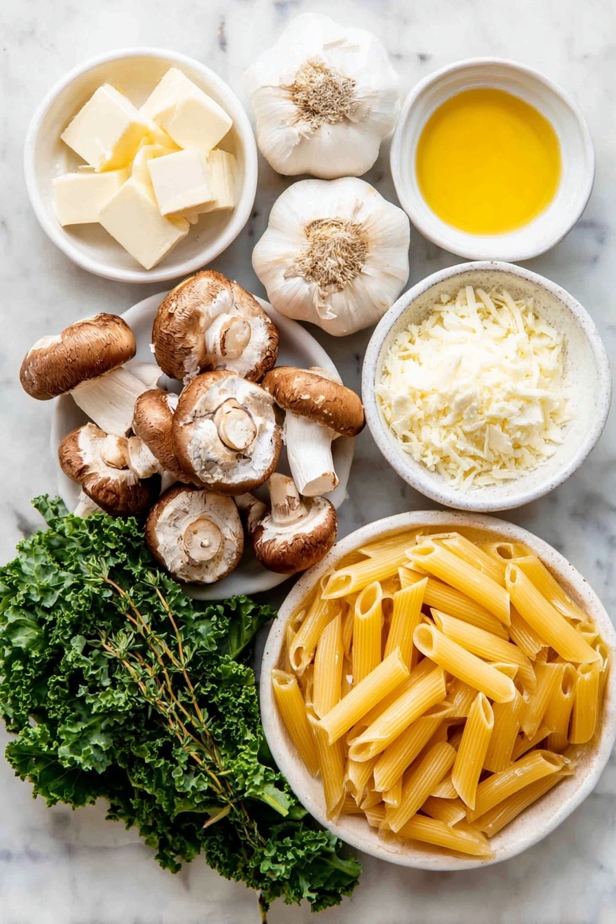 Flat lay of a small pile of chopped medium brown onion, a few sliced chestnut brown mushrooms, a small bunch of fresh curly kale leaves with woody stems removed, three whole uncracked garlic cloves, a handful of fresh thyme sprigs, a small white ceramic bowl filled with golden olive oil, a small white ceramic bowl with pale butter cubes, a small white ceramic bowl of plain white flour, a small white ceramic bowl of creamy semi-skimmed milk, a small white ceramic bowl with smooth Dijon mustard, a small white ceramic bowl of fine sea salt, a small white ceramic bowl of ground black pepper, a small white ceramic bowl of freshly cracked black pepper, a small white ceramic bowl with panko breadcrumbs, a small white ceramic bowl filled with finely grated pale yellow hard Italian pecorino cheese, a small white ceramic bowl with finely chopped fresh parsley leaves, and a neat pile of uncooked yellow penne pasta tubes, all arranged symmetrically with realistic proportions on a clean white marble surface, soft natural light, photo taken with an iPhone, professional food photography style, fresh ingredients, white ceramic bowls, no bottles, no duplicates, no utensils, no packaging --ar 2:3 --v 7 --p m7354615311229779997 - Creamy Mushroom Kale Pasta Bake, mushroom kale pasta casserole, easy veggie pasta bake, comforting mushroom pasta dish, healthy kale pasta recipes