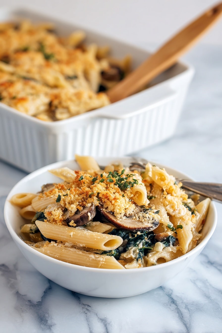 A white bowl on a white marbled surface holds a serving of baked pasta with three main layers: light golden penne pasta with some edges browned, dark green spinach leaves mixed in, and sautéed brown mushrooms scattered throughout. The top layer is sprinkled with pale, crumbly bread crumbs or cheese that give a slight crispy texture. A silver fork rests on the right side inside the bowl. In the top left corner, a white baking dish with more baked pasta is partially visible, showing browned edges and a wooden spoon inside. Small sprigs of fresh thyme lay on the surface near the bowl. Photo taken with an iphone --ar 2:3 --v 7 - Creamy Mushroom Kale Pasta Bake, mushroom kale pasta casserole, easy veggie pasta bake, comforting mushroom pasta dish, healthy kale pasta recipes