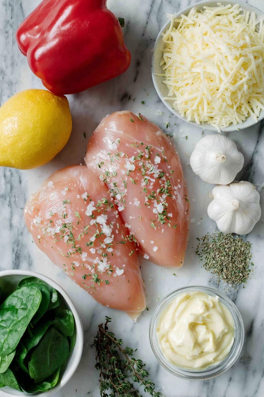 Flat lay of fresh boneless skinless chicken breasts, a whole red bell pepper with glossy skin, half a medium yellow onion with papery peel, drained quartered artichoke hearts, a small pile of lightly packed baby spinach leaves, freshly grated parmesan shavings, a small white ceramic bowl of creamy mayonnaise, four whole garlic cloves with papery skins, a whole bright yellow lemon, a small white ceramic bowl of dried oregano, a small white ceramic bowl of dried thyme, a small white ceramic bowl of kosher salt, and a small white ceramic bowl of freshly ground black pepper, all arranged symmetrically placed on a clean white marble surface, soft natural light, photo taken with an iPhone, professional food photography style, fresh ingredients, white ceramic bowls, no bottles, no duplicates, no utensils, no packaging --ar 2:3 --v 7 --p m7354615311229779997 - Spinach Artichoke Chicken Bake, chicken spinach artichoke bake, baked chicken with spinach and artichokes, easy chicken bake recipes, creamy vegetable chicken dish