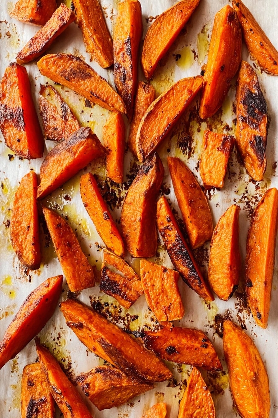 The image shows a white baking sheet covered with many pieces of roasted orange sweet potato wedges. The wedges are uneven in size and shape, with some showing charred and caramelized edges in dark brown and black, giving a crispy texture. The surface of the baking sheet has spots of golden oil and dark burnt marks scattered around, adding to the rustic look. The sweet potatoes have a shiny, slightly oily texture and sit on a white marbled surface background. photo taken with an iphone --ar 2:3 --v 7 - Sweet Honey Roasted Carrots, honey roasted carrots side dish, easy roasted carrots recipe, healthy vegetable side dish, flavorful roasted carrots