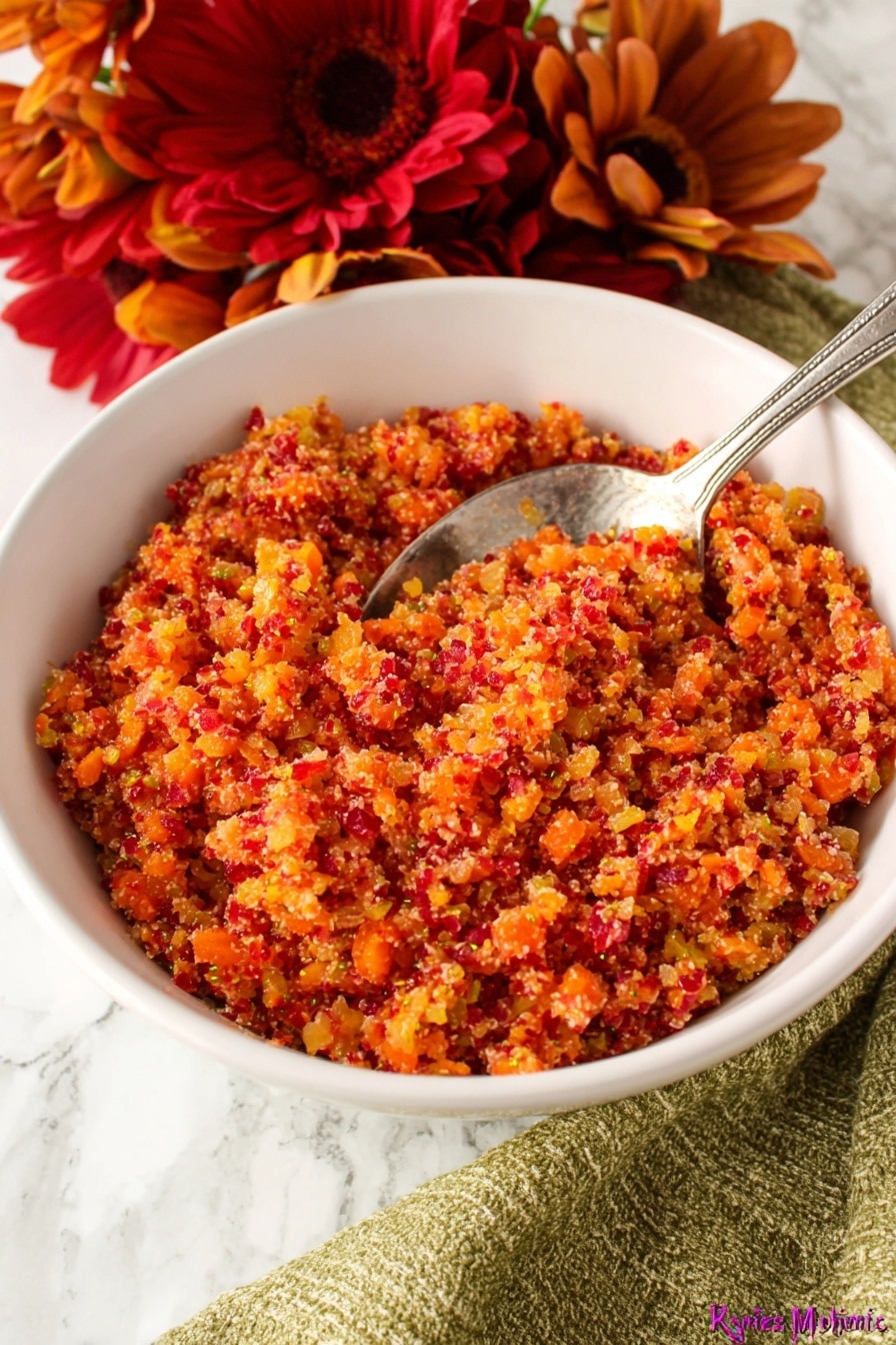 A white bowl filled with a coarse, textured mixture of finely chopped ingredients showing bright red, orange, and light yellow colors mixed together, creating a vibrant, fresh appearance. A silver spoon is placed inside the bowl on the right side, partially inserted into the mixture. In the background, there are red and orange artificial flowers with green and brown stems, and a green and beige cloth under the bowl, all set on a white marbled surface. The image has a close-up view showing details of the mixture's uneven, moist texture and small bits. photo taken with an iphone --ar 2:3 --v 7 - Easy Cranberry Orange Relish, Cranberry Orange Relish, holiday side dish with cranberries and orange, quick festive relish, homemade cranberry orange salsa