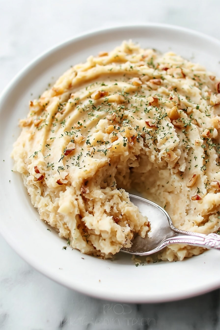 A white plate sits on a white marbled surface, filled with a creamy mashed dish. The mashed layer is light beige and slightly chunky with small bits of nuts or grains mixed in. The top has soft ridges made by a utensil, and it is sprinkled with finely chopped green herbs. A silver spoon scoops a portion from the right side of the plate, showing the moist, dense texture inside. photo taken with an iphone --ar 2:3 --v 7 - Creamy Cabbage Coleslaw, cabbage coleslaw side dish, easy coleslaw recipe, healthy coleslaw salad, flavorful cabbage slaw