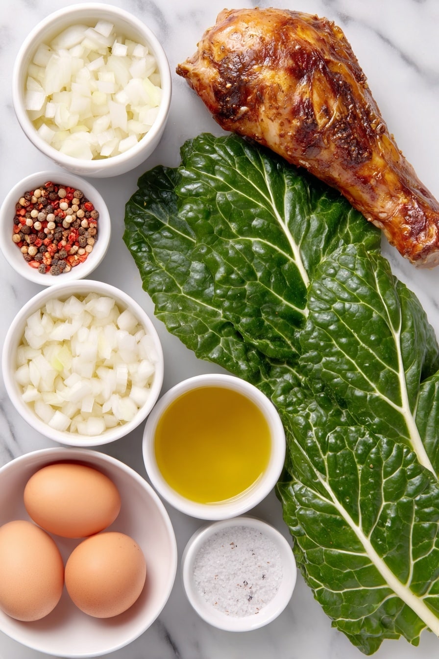 Flat lay of fresh collard greens leaves neatly stacked, a whole smoked turkey leg with rich mahogany skin, a small white bowl of finely diced white onions, a small white bowl of minced garlic cloves, a small white bowl holding coarse red pepper flakes, a cluster of whole uncracked brown eggs, a small white bowl filled with clear chicken broth, a small white bowl of extra virgin olive oil with golden hue, a small white bowl of white distilled vinegar, a small mound of coarse sea salt sprinkled with black pepper, all arranged symmetrically and balanced on a clean white ceramic plate and bowls, placed on a clean white marble surface, soft natural light, photo taken with an iPhone, professional food photography style, fresh ingredients, white ceramic bowls, no bottles, no duplicates, no utensils, no packaging --ar 2:3 --v 7 --p m7354615311229779997 - Southern Collard Greens, Southern Collard Greens Recipe, easy Southern greens, smoky collard greens, soul food side dishes