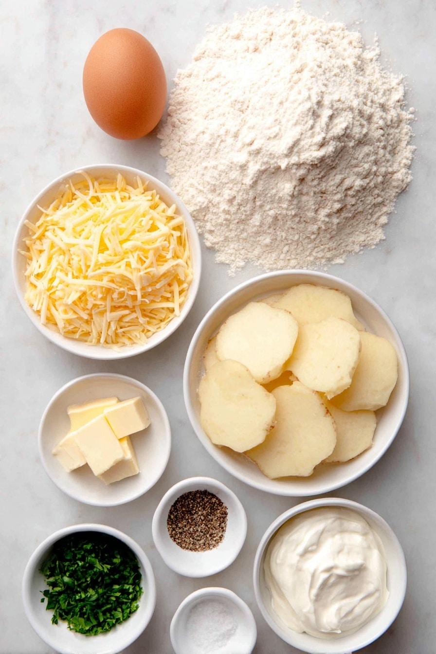 Flat lay of a small mound of plain all-purpose flour, a small white bowl filled with kosher salt, a few small cubes of unsalted butter, a small white bowl of clear water, one large whole brown egg with a clean shell, two peeled medium potatoes sliced into half-inch thick rounds, a small white bowl of shredded cheddar cheese, a small white bowl of ground black pepper, one medium yellow onion finely diced, a small white bowl of sour cream, and a few finely chopped sprigs of fresh parsley, all arranged symmetrically and balanced, placed on a clean white marble surface, soft natural light, photo taken with an iPhone, professional food photography style, fresh ingredients, white ceramic bowls, no bottles, no duplicates, no utensils, no packaging --ar 2:3 --v 7 --p m7354615311229779997 - Cheesy Potato Pierogi Ruskies, Polish dumplings with cheese and potatoes, homemade pierogi filling recipes, traditional Polish pierogi, easy pierogi ideas
