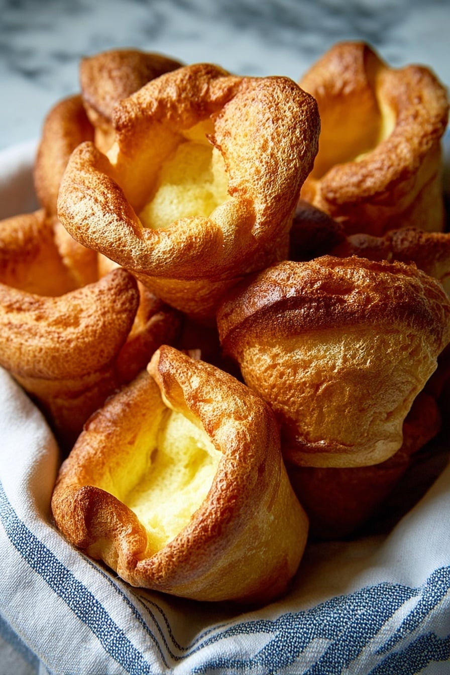 A close-up view of a stack of golden brown popovers with a slightly crispy and puffed texture, arranged on a white cloth with blue stripes. The popovers have hollow centers visible in some pieces, showing a light, airy inside with a pale yellow color. The popovers are piled closely together, creating a sense of depth and highlighting their uneven, rustic shapes and crispy edges. The background features a white marbled texture, softening the warm tones of the popovers. Photo taken with an iphone --ar 2:3 --v 7 - Fluffy Popovers with Lofty Texture, easy popover recipe, airy bread sides, homemade popovers, golden popover crust