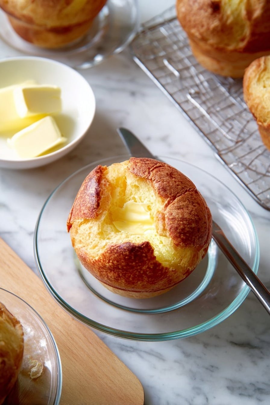 The image shows a single round pastry with a golden brown crust and a slightly cracked top, revealing a soft pale yellow interior. The pastry sits in the middle of a clear glass plate on a white marbled surface. Nearby, there is a small white bowl containing a block of soft yellow butter, with a knife resting on top. Around the main pastry, parts of other similar pastries on glass plates and a cooling rack are visible. Photo taken with an iphone --ar 2:3 --v 7 - Fluffy Popovers with Lofty Texture, easy popover recipe, airy bread sides, homemade popovers, golden popover crust