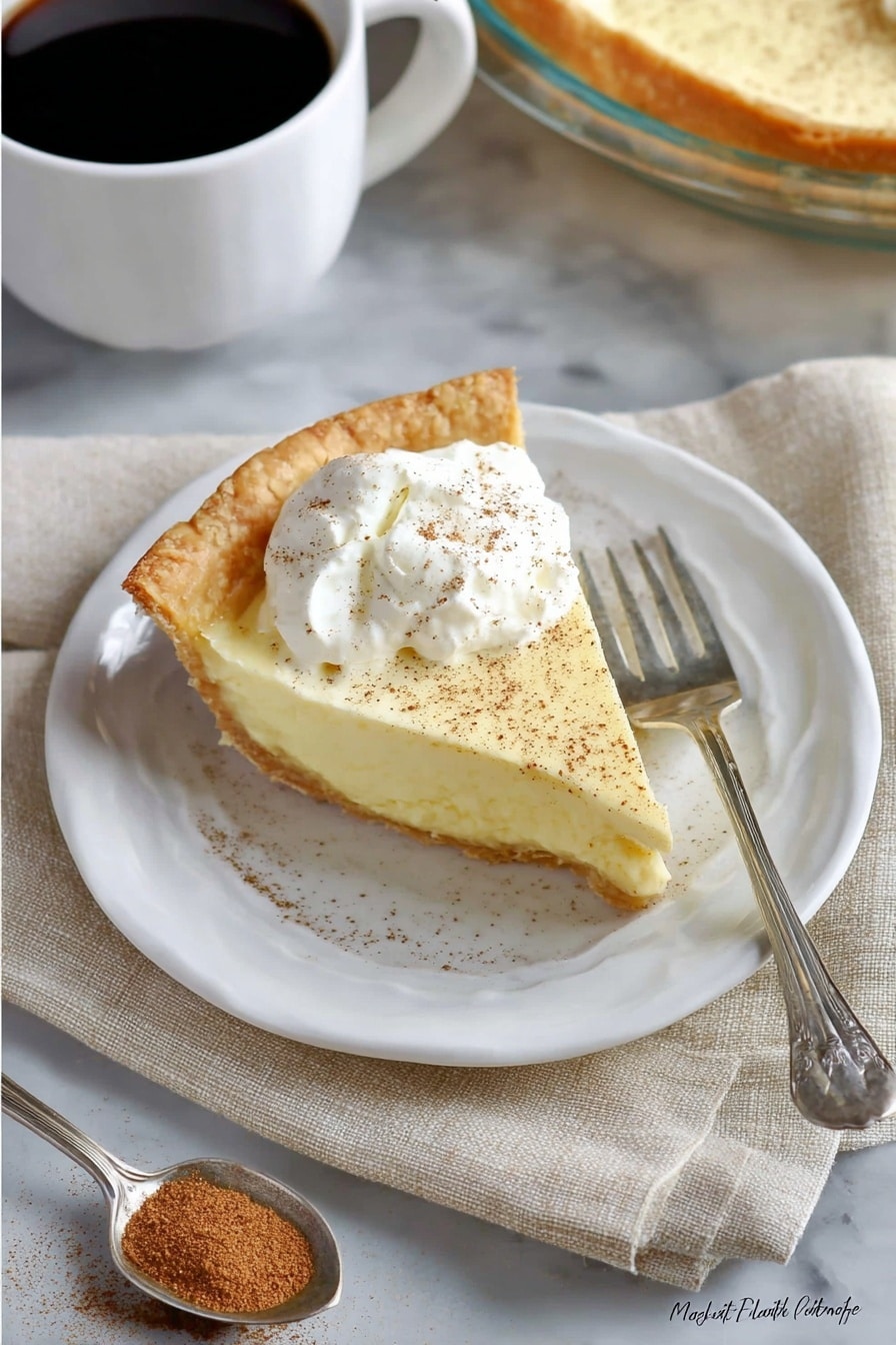 A slice of cream pie is shown on a white plate with a light dusting of brown spice over the top. The pie has two layers: a golden-brown crust at the bottom with a smooth, pale yellow creamy layer above it, topped with a dollop of white whipped cream. A silver fork rests on the plate beside the pie slice. The plate is on a light beige cloth with a metal spoon containing brown spice near the bottom left. In the background, part of a glass pie dish with more pie and a white cup of black coffee sit on a white marbled surface. photo taken with an iphone --ar 2:3 --v 7 - Eggnog Pie No Bake Christmas Dessert Holiday Treat Easy Eggnog Pie Creamy Festive Pie