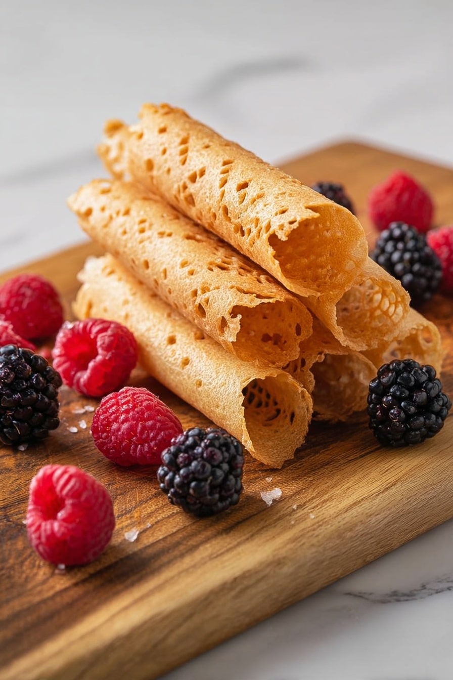 A stack of six golden, crispy rolled wafers with a lacy texture is placed on a wooden board in the center. Around the stack, several fresh raspberries and blackberries are scattered, adding bright red and deep purple colors that contrast with the golden wafers. The board sits on a white marbled surface with soft lighting that highlights the wafers’ delicate crispiness and the fresh berries' juicy texture. photo taken with an iphone --ar 2:3 --v 7 - British Brandy Snap Cookies, Brandy Snap Cookies Recipe, Crispy British Cookies, Holiday Brandy Snap Cookies, British Cookie Recipes
