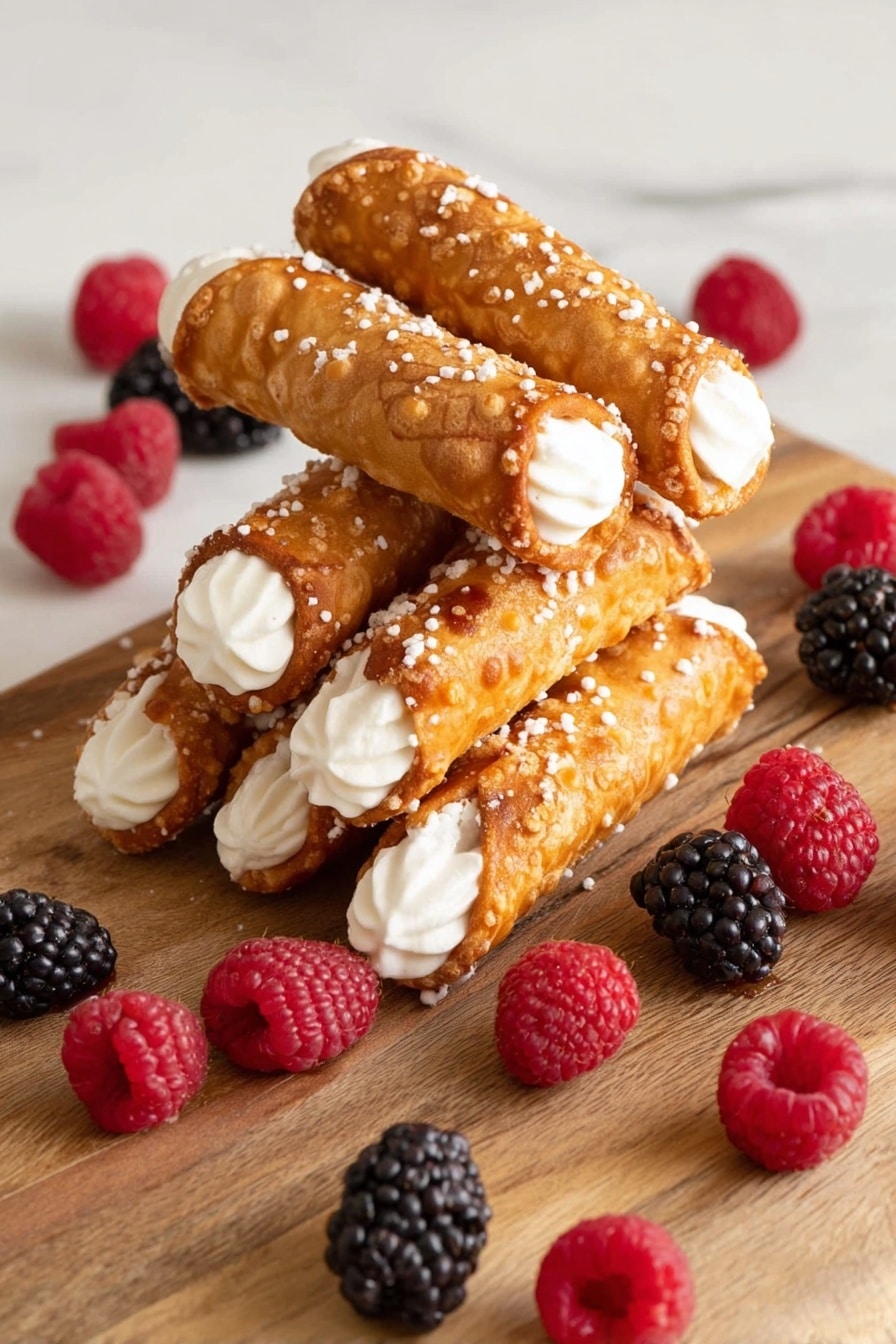 The image shows a pile of seven golden crispy cannoli tubes with white cream filling visible at both ends, stacked in a casual heap on a wooden board. The cannoli shells have a shiny, slightly textured surface with scattered white sugar crystals. Around the cannoli on the board and white marbled surface are fresh red raspberries and black blackberries, adding contrast and color to the scene. The background is white marbled, bright, and clean. photo taken with an iphone --ar 2:3 --v 7 - British Brandy Snap Cookies, Brandy Snap Cookies Recipe, Crispy British Cookies, Holiday Brandy Snap Cookies, British Cookie Recipes