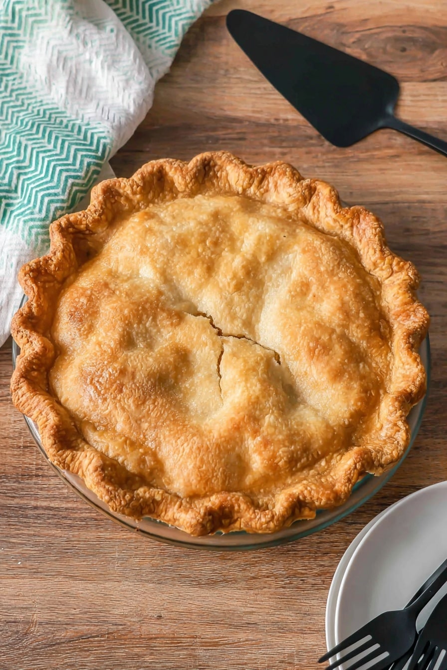 A whole golden-brown pie with a flaky, bubbly crust and a crimped edge sits centered on a clear glass pie dish. The crust has a slightly uneven, homemade texture with a few small cracks near the middle, showing a hint of the filling below. The pie is placed on a wooden surface, above which rests a black pie server with a matte finish. In the bottom right corner, there is a white plate holding three black forks, and to the left, a white cloth with a green chevron pattern peeks into the frame. photo taken with an iphone --ar 2:3 --v 7 - Easy Pear Pie, pear dessert, easy fruit pie, cinnamon pear pie, quick pear dessert