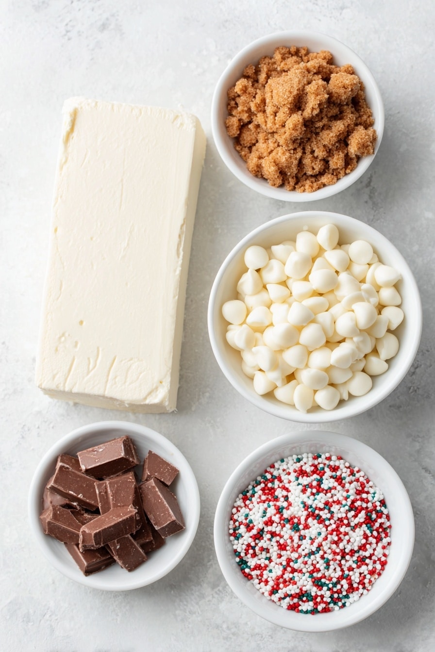 Flat lay of a small pile of crushed gingersnap cookies showing their golden-brown crumbly texture, a smooth block of fresh cream cheese, a small white ceramic bowl filled with glossy white chocolate chips, and a small white ceramic bowl heaped with colorful festive sprinkles, all arranged symmetrically and naturally, placed on a clean white marble surface, soft natural light, photo taken with an iPhone, professional food photography style, fresh ingredients, white ceramic bowls, no bottles, no duplicates, no utensils, no packaging --ar 2:3 --v 7 --p m7354615311229779997 - Gingerbread Truffles with White Chocolate, holiday treat recipes, no-bake Christmas desserts, easy gingerbread truffles, festive chocolate truffles