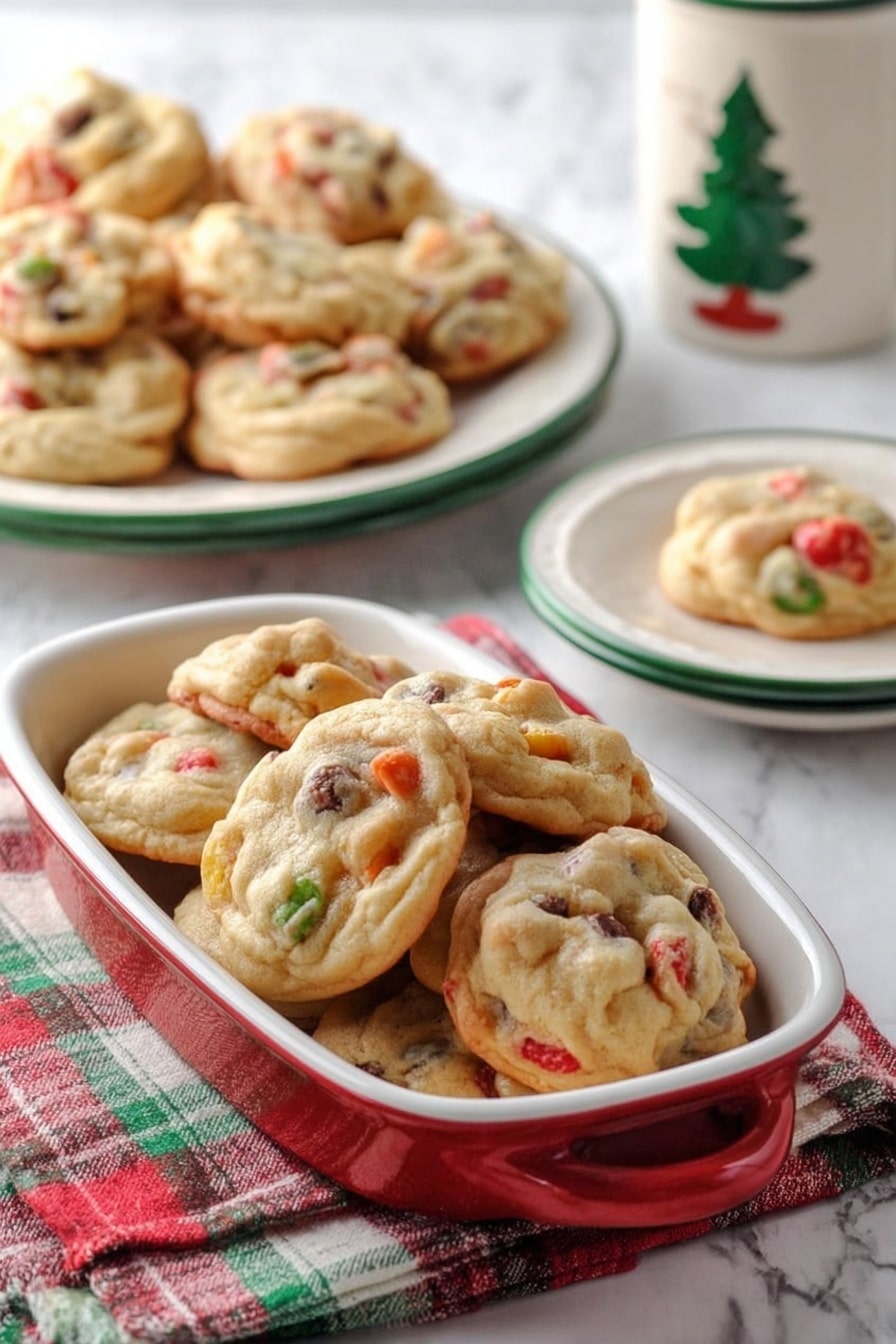 A white oval dish with a red inside holds many round, thick cookies stacked closely together, each cookie showing colors from red, green, brown, and tan pieces mixed inside a soft-looking, golden dough. Behind it, a white plate with a green rim has a few similar cookies placed on it, with a red, green, and white checkered cloth nearby. In the background, there is another white plate with green trim filled with more cookies, and a white mug with a green rim and a small tree design stands next to it, all placed on a white marbled surface. photo taken with an iphone --ar 2:3 --v 7 - Fruitcake Cookies with Dried Fruit and Nuts, festive fruitcake cookie recipe, easy holiday cookies with dried fruit, chewy fruitcake cookies, seasonal nut and fruit cookies
