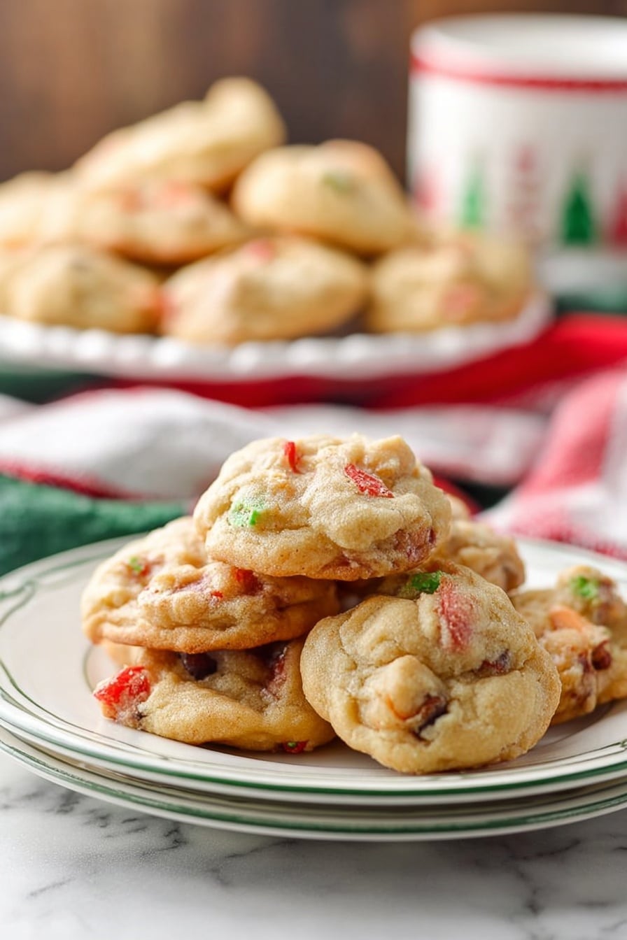 A small pile of soft cookies with light golden brown color and visible red and green bits inside sit on a white plate with a thin green rim, placed on a white marbled surface. The cookies have a slightly uneven, bumpy texture, showing their homemade look with some pieces sticking out. In the blurry background, there is another white plate with many more similar cookies, as well as some red and white kitchen towels and a cup with a Christmas tree design. Photo taken with an iphone --ar 2:3 --v 7 - Fruitcake Cookies with Dried Fruit and Nuts, festive fruitcake cookie recipe, easy holiday cookies with dried fruit, chewy fruitcake cookies, seasonal nut and fruit cookies