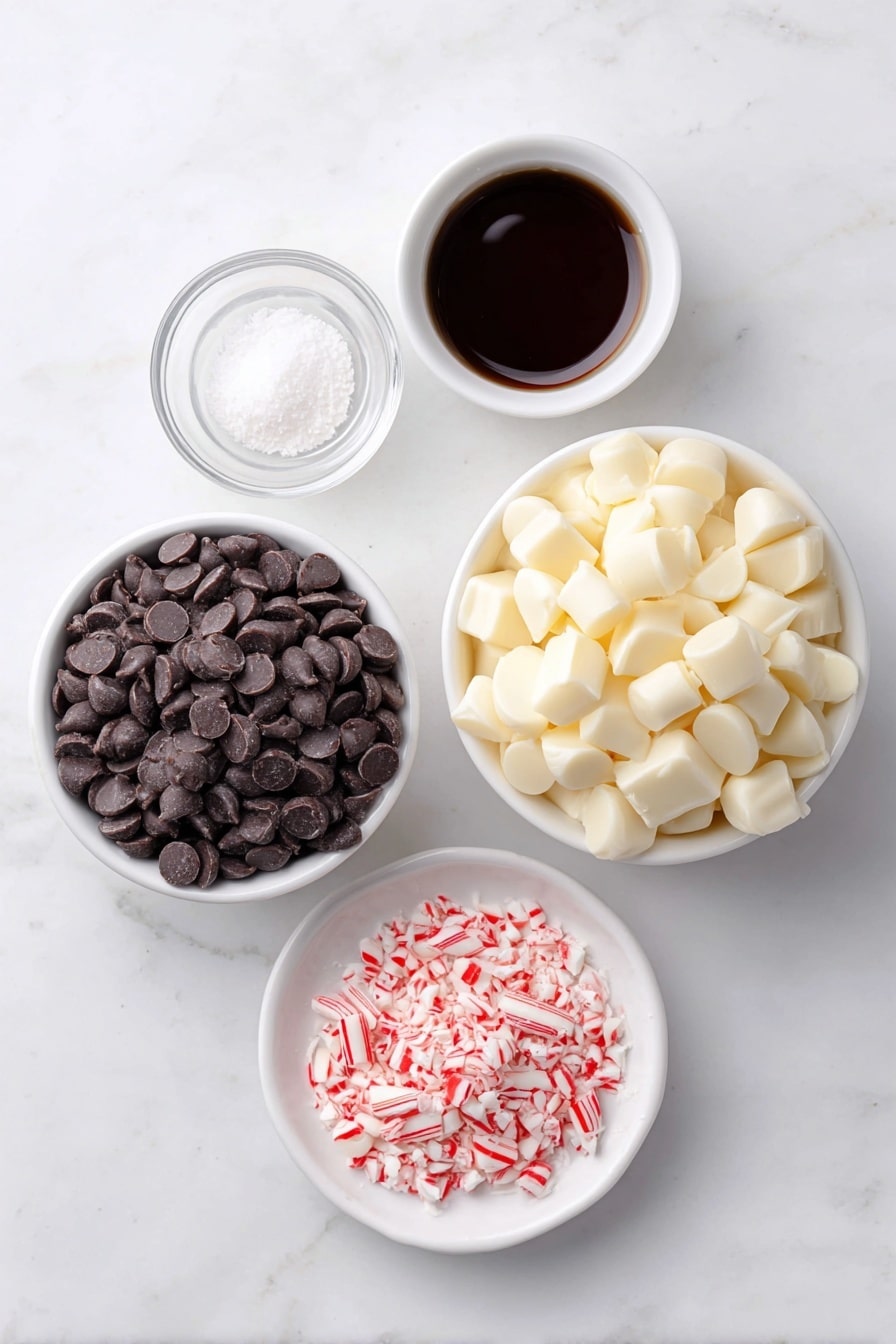 Flat lay of a small white ceramic bowl filled with glossy semisweet chocolate chips, a larger white ceramic bowl piled high with creamy white chocolate chips, a tiny white ceramic bowl containing clear peppermint extract, and a simple white ceramic plate with a neat pile of crushed red and white candy canes, all arranged in perfect symmetry, placed on a clean white marble surface, soft natural light, photo taken with an iPhone, professional food photography style, fresh ingredients, white ceramic bowls, no bottles, no duplicates, no utensils, no packaging --ar 2:3 --v 7 --p m7354615311229779997 - Easy Peppermint Bark, festive peppermint bark, holiday peppermint bark, chocolate peppermint bark, quick peppermint bark