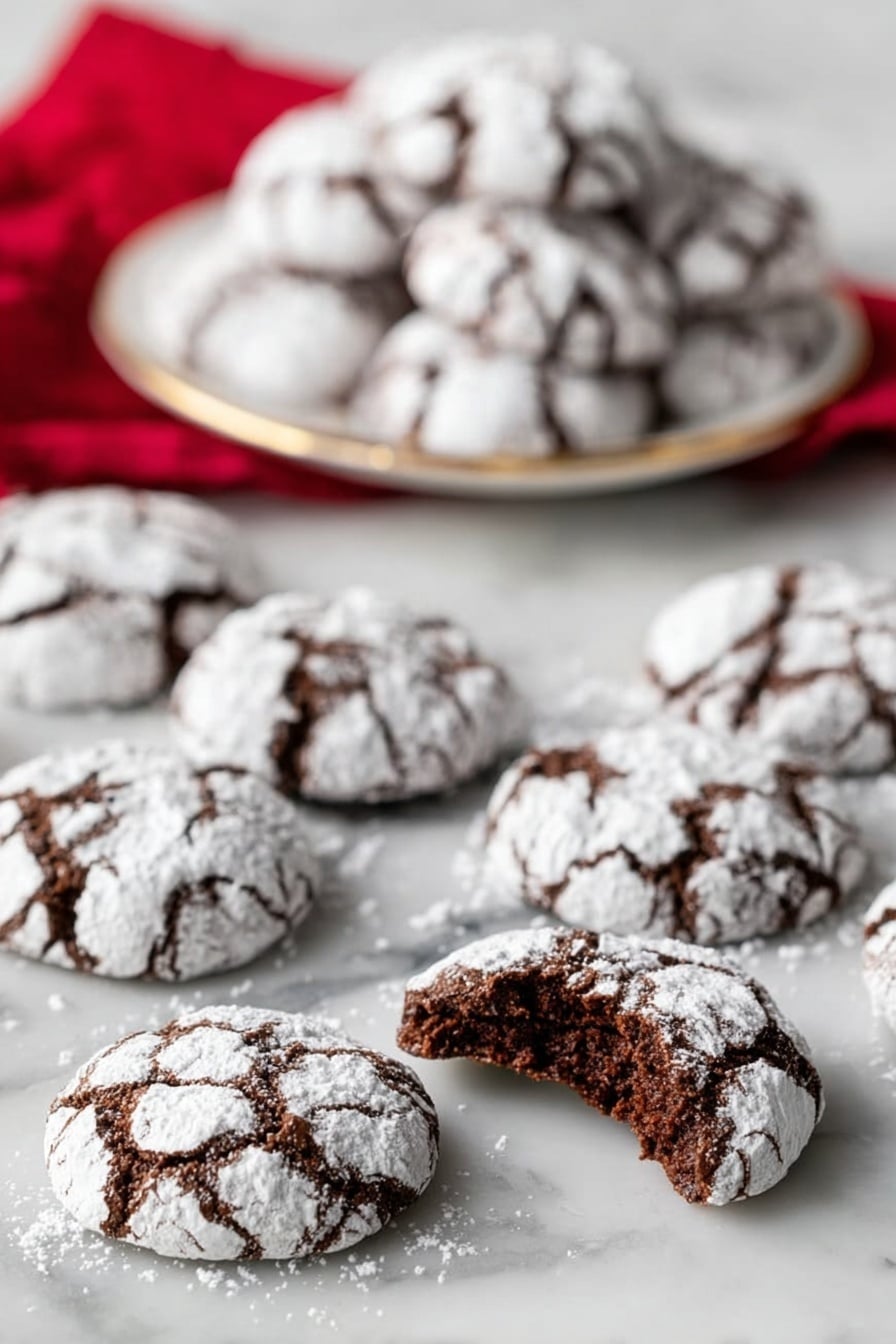 The image shows many round chocolate cookies covered in white powdered sugar, spread out on a white marbled surface. Each cookie has cracks where the dark brown chocolate dough is visible under the powdered sugar layer. One cookie in the front has a bite taken out, showing a soft, dark brown inside with a moist texture. In the background, more cookies are stacked on a white plate with a thin gold rim, resting on a red cloth. photo taken with an iphone --ar 2:3 --v 7 - Chocolate Crinkle Cookies, fudgy chocolate cookies, crackled chocolate cookies, easiest chocolate cookie recipe, soft and fudgy cookies