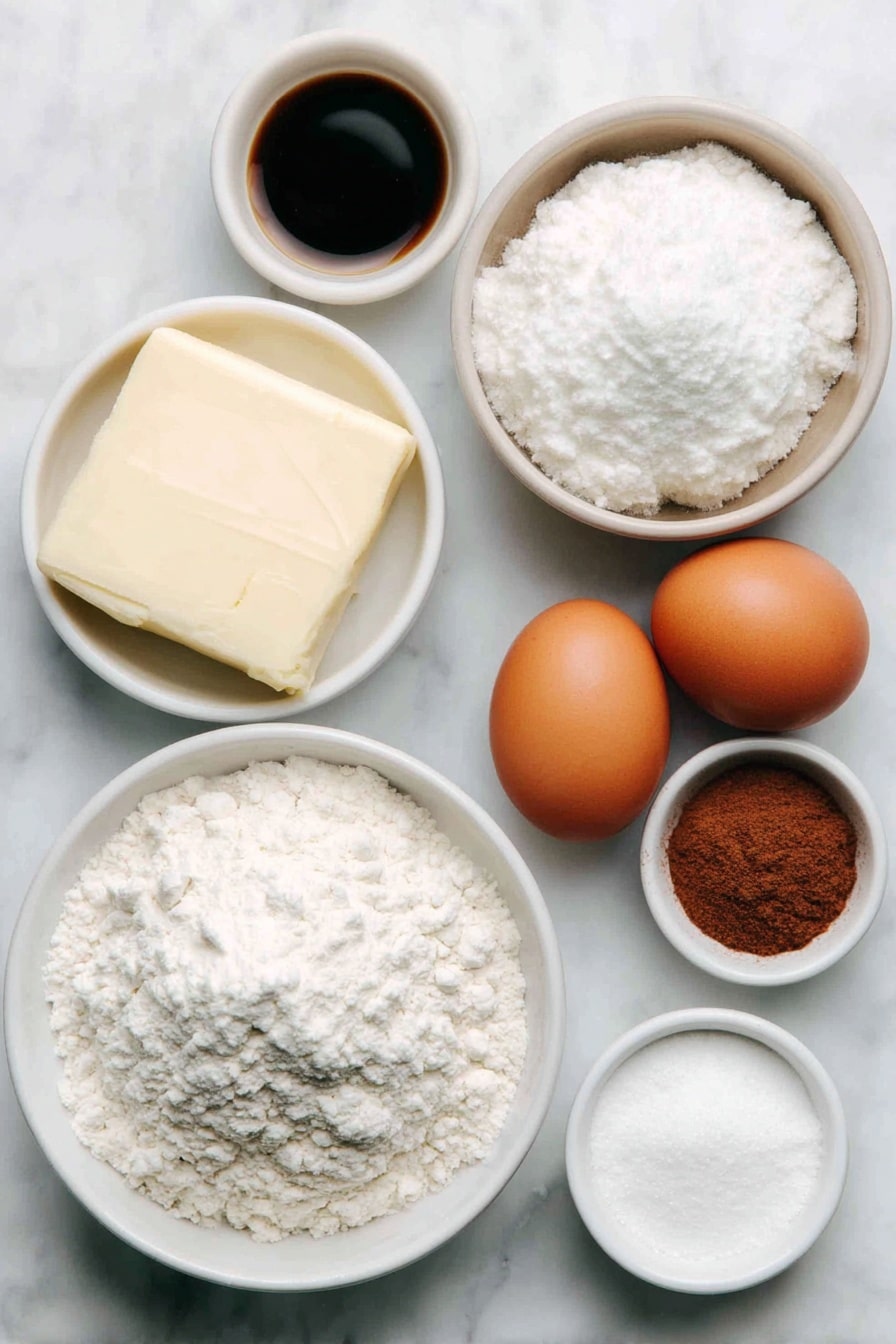 Flat lay of a soft block of unsalted butter, a small heap of white granulated sugar, two large brown eggs with clean shells, a small white bowl of clear vanilla extract, a simple white ceramic bowl filled with white all-purpose flour, a small white bowl holding cream of tartar powder, another small white bowl with baking soda powder, a small white bowl of fine salt, a small white bowl containing a mixture of sugar and ground cinnamon, all arranged with perfect symmetry, placed on a clean white marble surface, soft natural light, photo taken with an iPhone, professional food photography style, fresh ingredients, white ceramic bowls, no bottles, no duplicates, no utensils, no packaging --ar 2:3 --v 7 --p m7354615311229779997 - Easy Soft Snickerdoodle Cookies, best snickerdoodle cookies, soft cinnamon sugar cookies, chewy snickerdoodle recipe, quick homemade snickerdoodles
