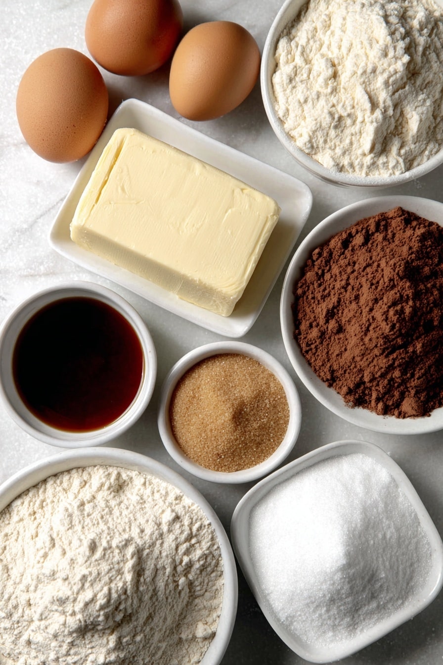 Flat lay of unsalted butter in a small square slab, a small white ceramic bowl of granulated sugar, a small white ceramic bowl of firmly packed light brown sugar, a small white ceramic bowl holding ground cinnamon powder, two whole uncracked brown eggs, a small white ceramic bowl with vanilla extract, a small white ceramic bowl filled with all purpose flour, a small white ceramic bowl of almond flour, a small white ceramic bowl containing cornstarch, a small white ceramic bowl of salt, a small white ceramic bowl with vibrant raspberry jam, a small white ceramic bowl filled with powdered sugar, all arranged symmetrically and balanced, placed on a clean white marble surface, soft natural light, photo taken with an iPhone, professional food photography style, fresh ingredients, white ceramic bowls, no bottles, no duplicates, no utensils, no packaging --ar 2:3 --v 7 --p m7354615311229779997 - Easy Raspberry Linzer Cookies, raspberry linzer cookies, how to make linzer cookies, holiday cookie recipes, buttery jam cookies