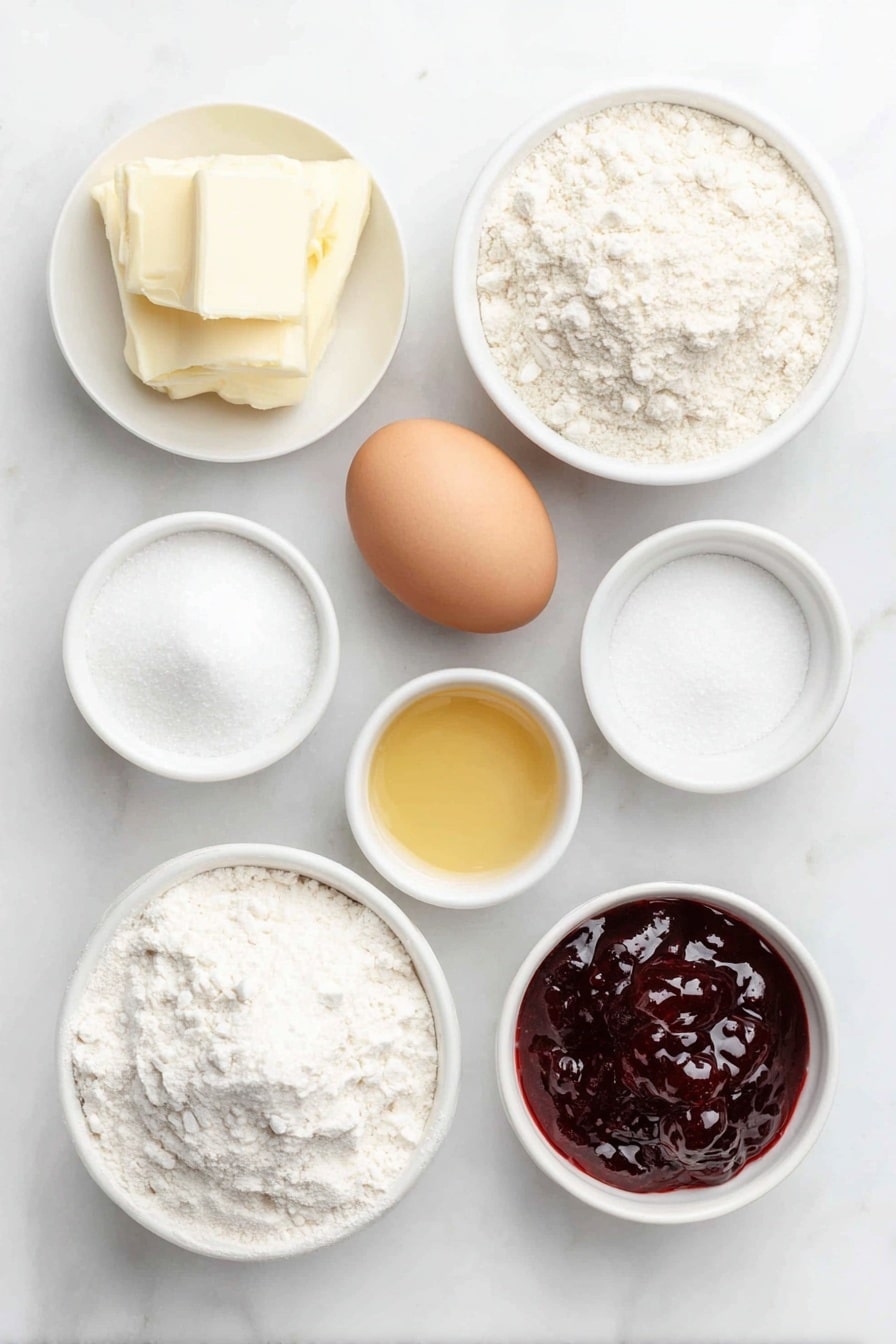 Flat lay of softened unsalted butter in a small white ceramic bowl, a small white bowl filled with superfine sugar, a small white bowl containing golden vanilla extract, one large whole brown egg with a clean shell, a small white ceramic bowl heaped with plain all-purpose flour, a small white bowl with fine kosher salt, a small white bowl filled with glossy red strawberry jam, all ingredients arranged symmetrically and balanced, placed on a clean white marble surface, soft natural light, photo taken with an iPhone, professional food photography style, fresh ingredients, white ceramic bowls, no bottles, no duplicates, no utensils, no packaging --ar 2:3 --v 7 --p m7354615311229779997 - Jam Drop Cookies with Strawberry Filling, strawberry jam cookies, thumbprint cookies with jam, baked jam-filled cookies, classic strawberry thumbprint cookies
