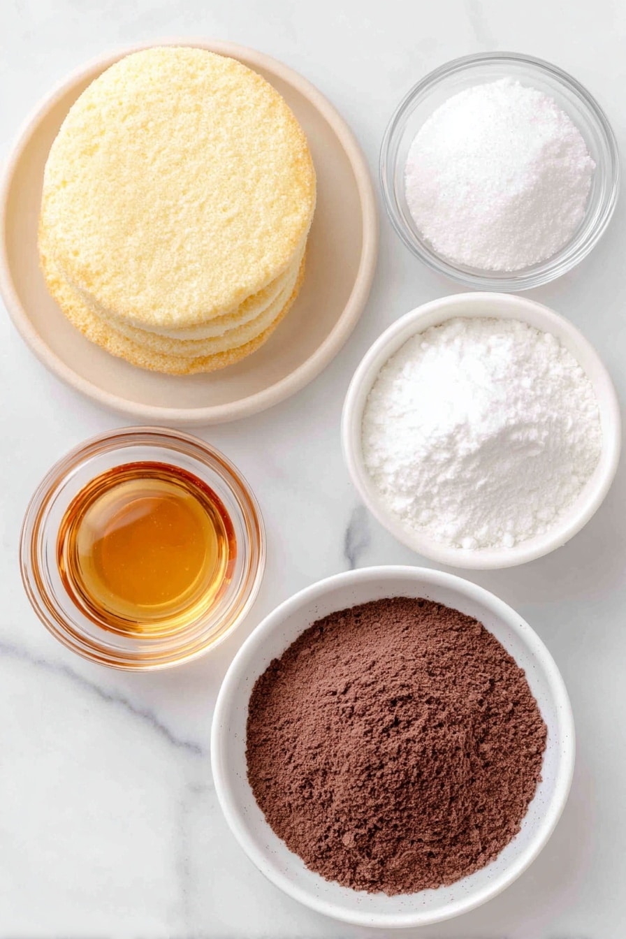 Flat lay of a small pile of whole vanilla wafers with a smooth golden color, a small heap of fine white confectioners’ sugar on a simple white ceramic plate, a small white ceramic bowl filled with rich dark brown cocoa powder, a small white ceramic bowl containing glossy translucent white corn syrup, and a small white ceramic bowl with clear amber rum, all arranged in perfect symmetry with balanced spacing, placed on a clean white marble surface, soft natural light, photo taken with an iPhone, professional food photography style, fresh ingredients, white ceramic bowls, no bottles, no duplicates, no utensils, no packaging --ar 2:3 --v 7 --p m7354615311229779997 - Festive Rum Balls, holiday rum ball recipe, boozy holiday treats, no-bake Christmas desserts, easy holiday candy