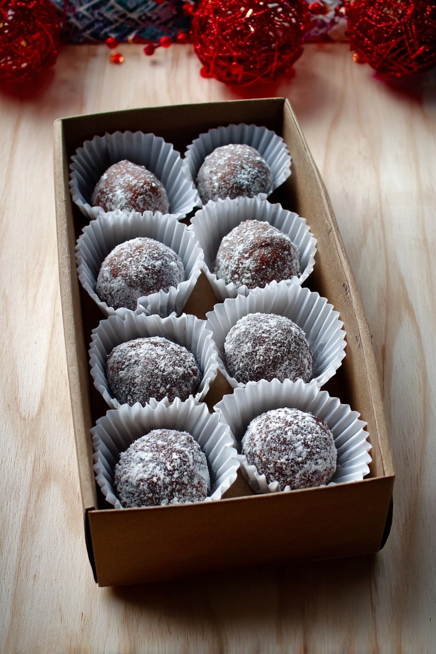 A small open box with nine round chocolate truffles inside, each set in white pleated paper cups. The truffles have a rough texture and are dusted lightly with white powder, showing a mix of dark brown and grayish tones. The box is placed on a light wood surface with some red decorations nearby. The overall look is neat and simple, focusing on the truffles' texture and arrangement. photo taken with an iphone --ar 2:3 --v 7 - Festive Rum Balls, holiday rum ball recipe, boozy holiday treats, no-bake Christmas desserts, easy holiday candy
