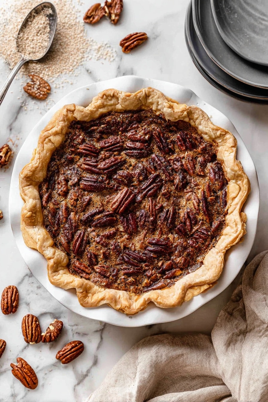 The image shows a pecan pie in a white fluted pie dish placed on a white marbled surface. The pie has a golden-brown crust with ruffled edges forming a thick, uneven border. The filling is dark brown with a slightly shiny texture, densely packed with whole pecan halves that are toasted and glossy, scattered evenly on top. Around the pie, there are loose pecans and a spoon with some light brown sugar spilling out, plus a beige cloth partly folded nearby. In the top right corner, two stacked dark gray plates sit on the white marbled surface. photo taken with an iphone --ar 2:3 --v 7 - Best-Ever Pecan Pie, pecan pie recipe, easy pecan pie, homemade pecan pie, classic pecan pie