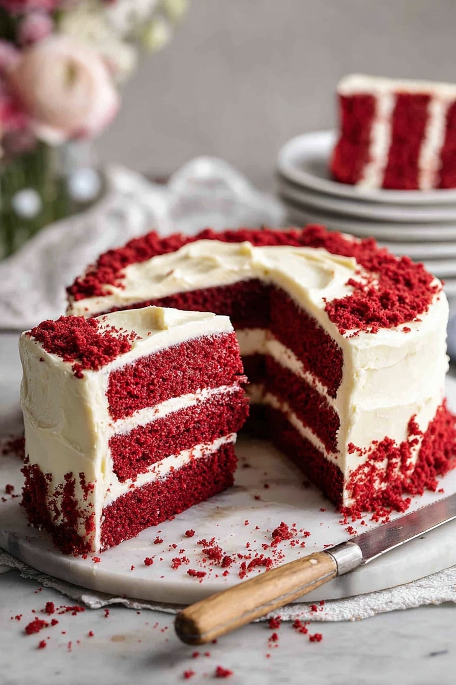 The image shows a two-layer red velvet cake with bright red, soft, and moist cake layers separated by a thick, smooth, white cream cheese frosting layer. The whole cake is covered evenly with the creamy white frosting, with red cake crumbs sprinkled at the base and top edge for decoration. One slice with clear sharp edges is being lifted, showing the rich texture inside. The cake sits on a white marbled surface with some crumbs scattered around, and a knife with a wooden handle lies nearby. In the soft blurred background, there are white plates stacked with slices of cake and some blurred flowers. photo taken with an iphone --ar 2:3 --v 7 - Easy Red Velvet Cake, moist red velvet cake, homemade red velvet cake, red velvet cake with frosting, classic red velvet cake