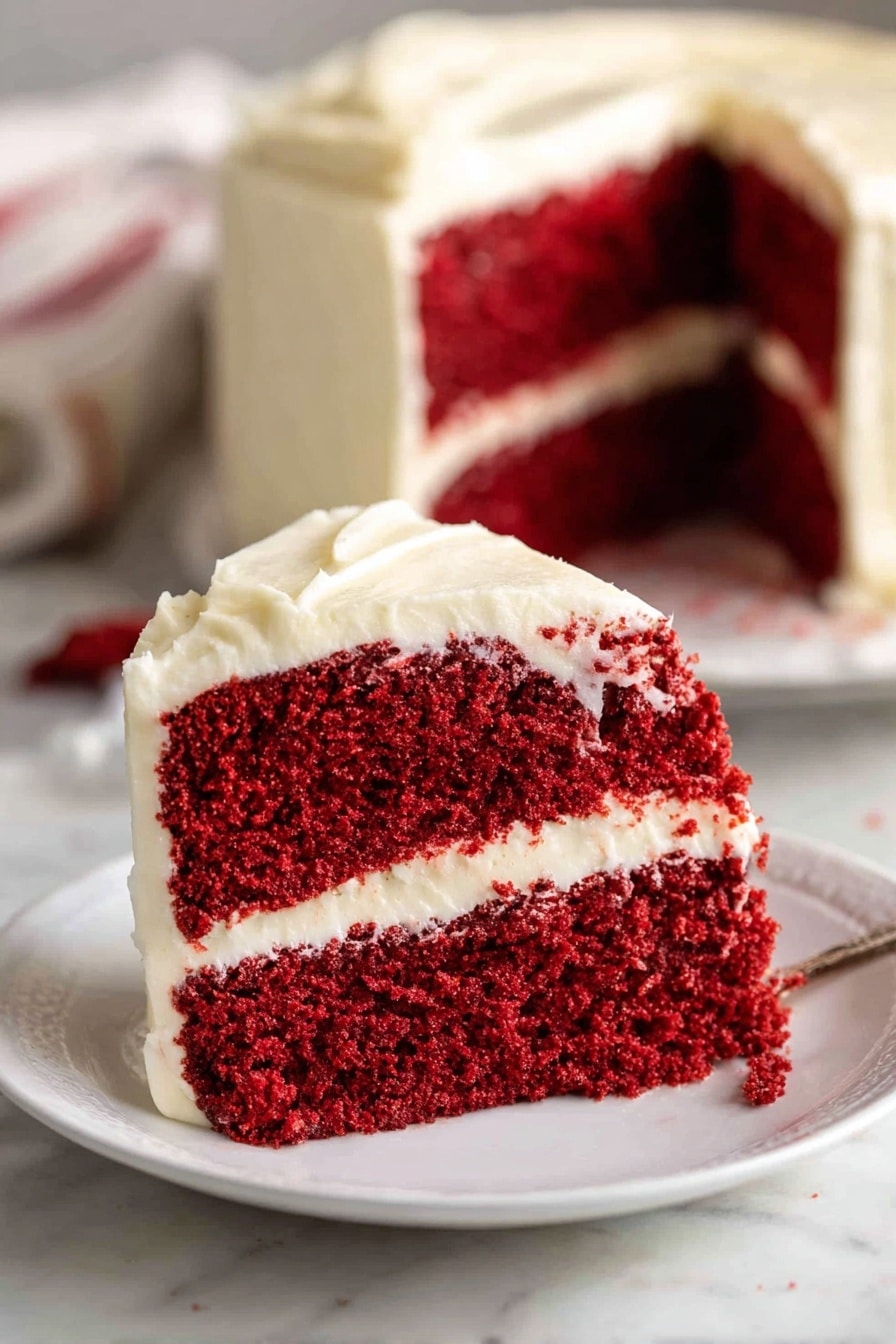 A close-up of a slice of red velvet cake on a white plate with two thick layers of deep red cake separated by a smooth, thick layer of white cream cheese frosting. The cake slice is topped and coated on the sides with more creamy white frosting. In the background, the remaining whole cake is visible with matching layers and the same white frosting. The setting includes a white marbled surface with soft lighting highlighting the rich color contrast between the red cake and white frosting. Photo taken with an iphone --ar 2:3 --v 7 - Easy Red Velvet Cake, moist red velvet cake, homemade red velvet cake, red velvet cake with frosting, classic red velvet cake