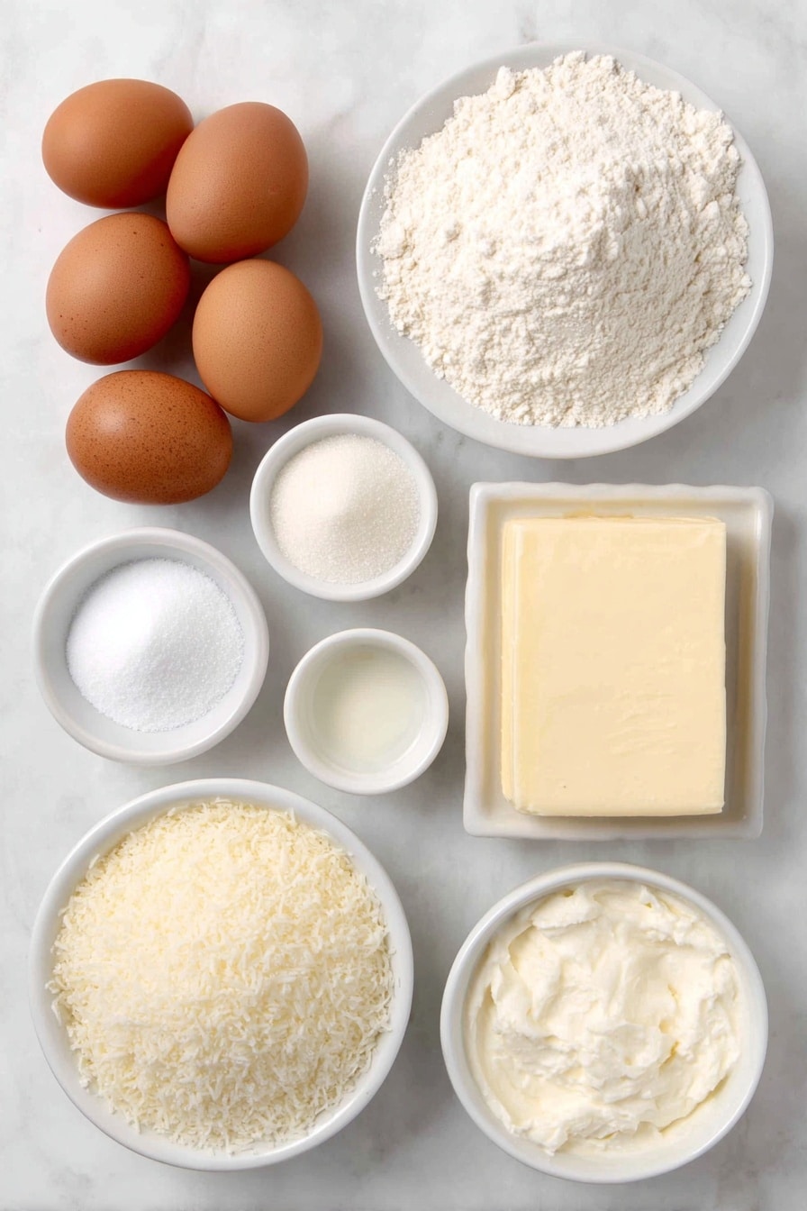 Flat lay of a small mound of fine white cake flour, two teaspoons of pale baking powder powder gently heaped, a tiny mound of off-white baking soda, a small heap of fine salt crystals, a thick rectangle of unsalted butter softened and smooth, a small pile of sparkling granulated sugar, five large whole uncracked brown eggs, a small white ceramic bowl filled with creamy sour cream, a small white bowl holding clear vanilla extract, a small white bowl with translucent coconut extract, a small white bowl filled with rich white coconut milk, a small heap of sweetened shredded coconut flakes, a block of full-fat cream cheese with a smooth surface, a small white bowl of fine confectioners’ sugar, all ingredients fresh and natural without packaging, arranged with perfect symmetry on a clean white marble surface, soft natural light, photo taken with an iPhone, professional food photography style, fresh ingredients, white ceramic bowls, no bottles, no duplicates, no utensils, no packaging --ar 2:3 --v 7 --p m7354615311229779997 - Delicious Coconut Cake, tropical coconut cake, moist coconut cake recipe, fluffy coconut cake, coconut cake with shredded coconut