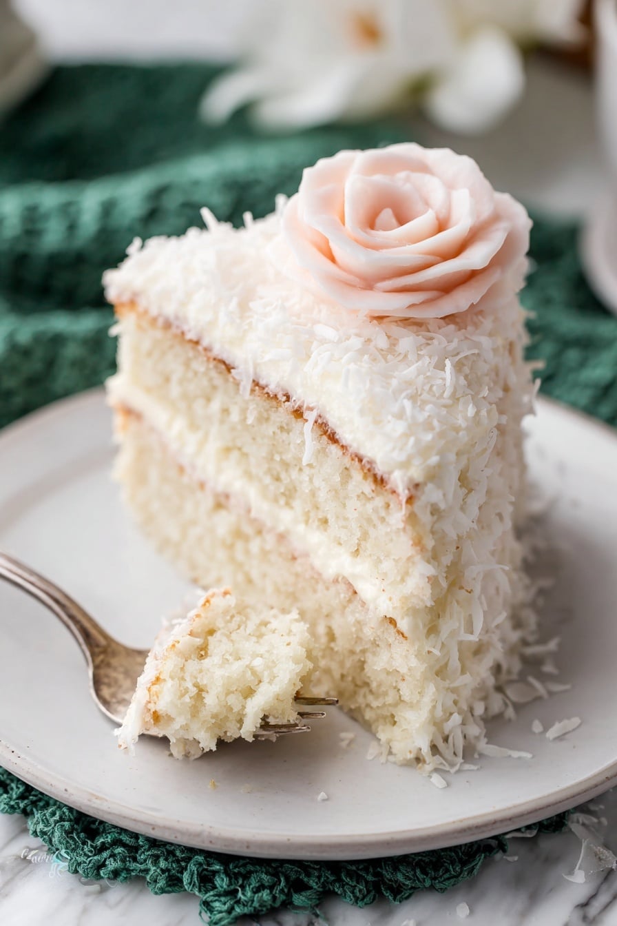 A slice of three-layer pale yellow cake is on a white plate with a white marbled texture beneath. Each cake layer is soft and moist, separated by two thick layers of white creamy frosting. The outside of the cake is fully covered with thick white frosting that has a slightly rough texture from small coconut flakes. On top, there is a light pink frosting flower that adds a delicate touch to the slice. A small piece of cake with frosting is on a fork near the plate’s edge. The background is softly blurred with a brown wooden tone and some teal fabric visible. Photo taken with an iphone --ar 2:3 --v 7 - Delicious Coconut Cake, tropical coconut cake, moist coconut cake recipe, fluffy coconut cake, coconut cake with shredded coconut