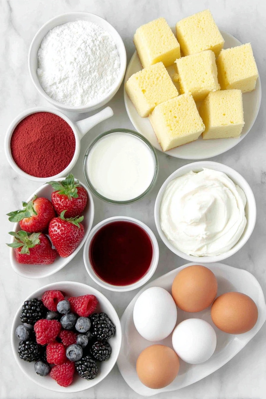 Flat lay of a simple white ceramic plate with irregular cubes of golden Madeira cake, a small white bowl of bright red gelatine powder, a small white bowl filled with glossy deep red cranberry juice, a small white bowl containing a pale golden orange fruit liquor, fresh halved strawberries with vibrant red flesh and green leaves, a small cluster of plump blueberries and raspberries, a small white bowl holding thick, creamy white heavy cream, a small white bowl of fine white caster sugar, whole smooth brown eggs with clean shells arranged neatly, a small white bowl of pale yellow cornflour, a small white bowl with fresh white milk, and a small white bowl with viscous creamy vanilla bean paste placed on a clean white marble surface, soft natural light, photo taken with an iPhone, professional food photography style, fresh ingredients, white ceramic bowls, no bottles, no duplicates, no utensils, no packaging --ar 2:3 --v 7 --p m7354615311229779997 - Festive Cranberry Fruit Trifle, cranberry dessert, holiday dessert, fruit trifle recipe, easy festive trifle